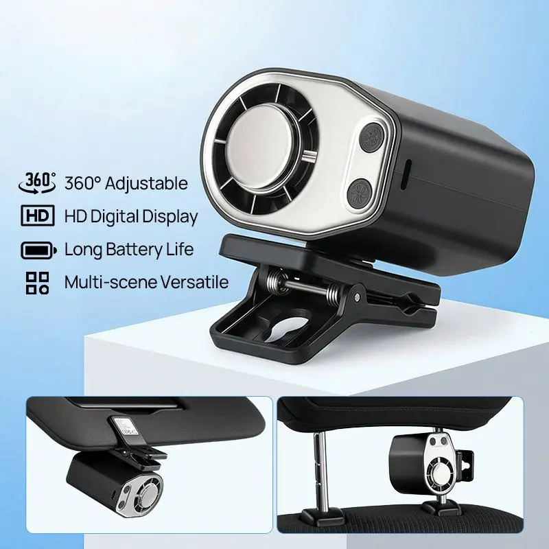  Summervibes-2026 Semiconductor Cooling Car Clip On Fan with LED Display - 360° Rotation, 100 Speeds Adjustable, USB Rechargeable Personal Cooling Fan, 16℃ Semi-Cooling Wide Clamp 20Hr Battery 3000mAh Battery,summervibes