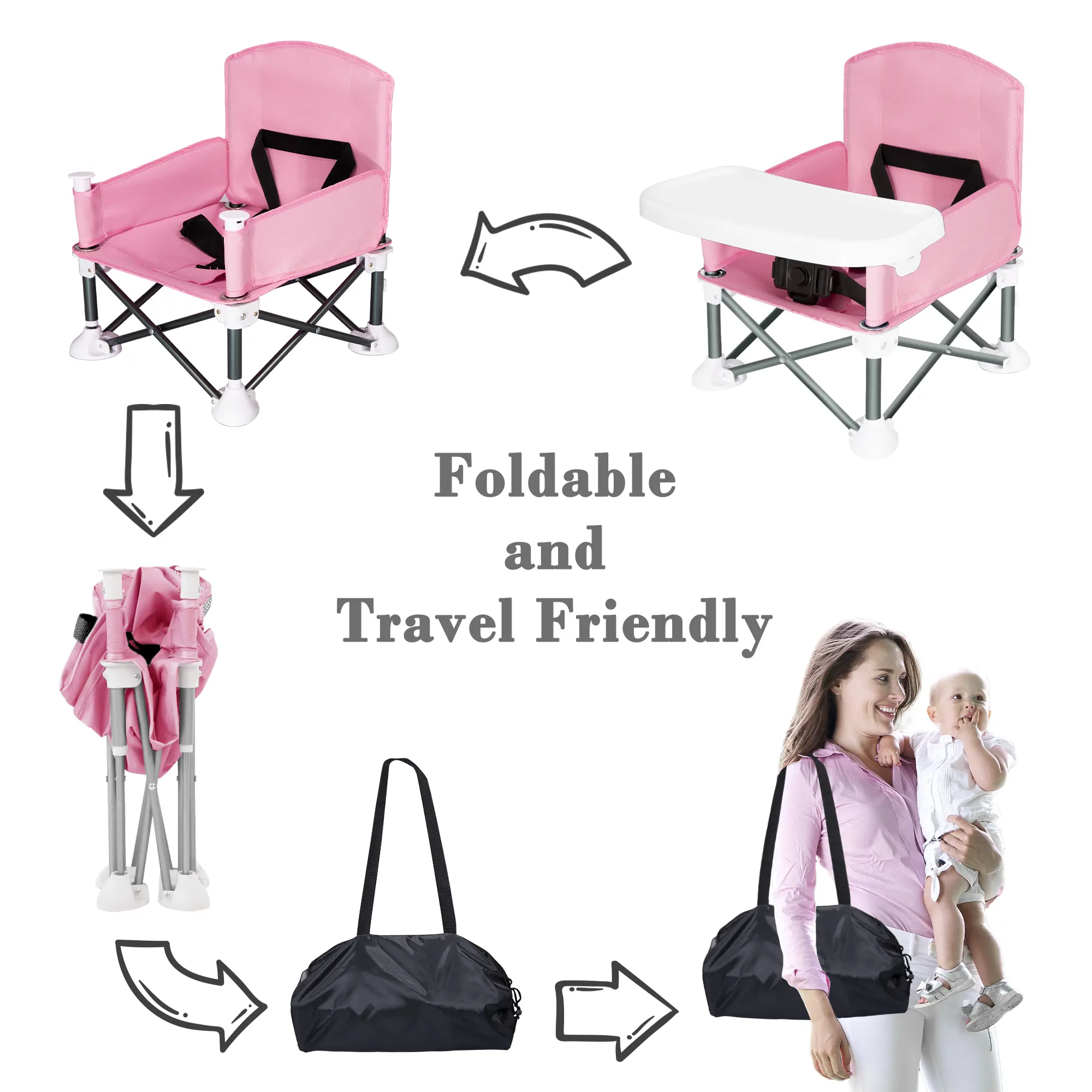 Portable Toddler Travel Booster Seat - Folding Dining & Outdoor Chair with Tray for Camping, Beach, Lawn and Home Use