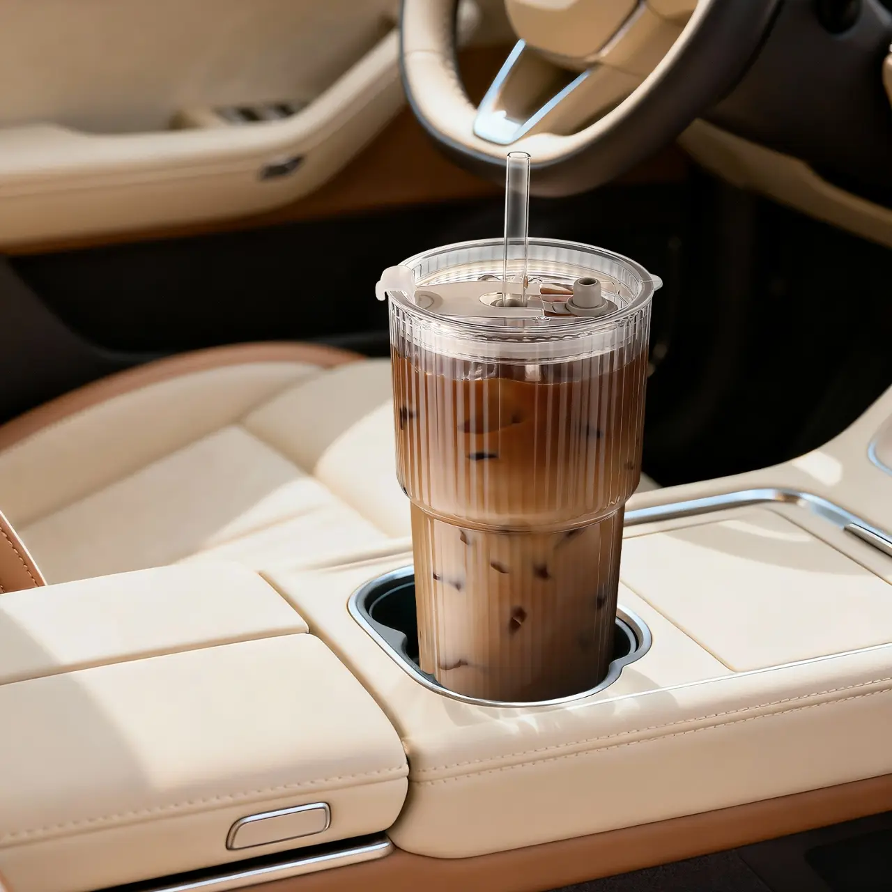 📢summer sale 🧋Iced Coffee Cups with Lids: Coffee Bar Accessories - Ribbed Glass Tumbler with Straw and Lid 4Pcs - 20oz Leak Proof Tumbler - Reusable Glass Cups and Tumblers with Lid and Straws for To Go Iced Coffee