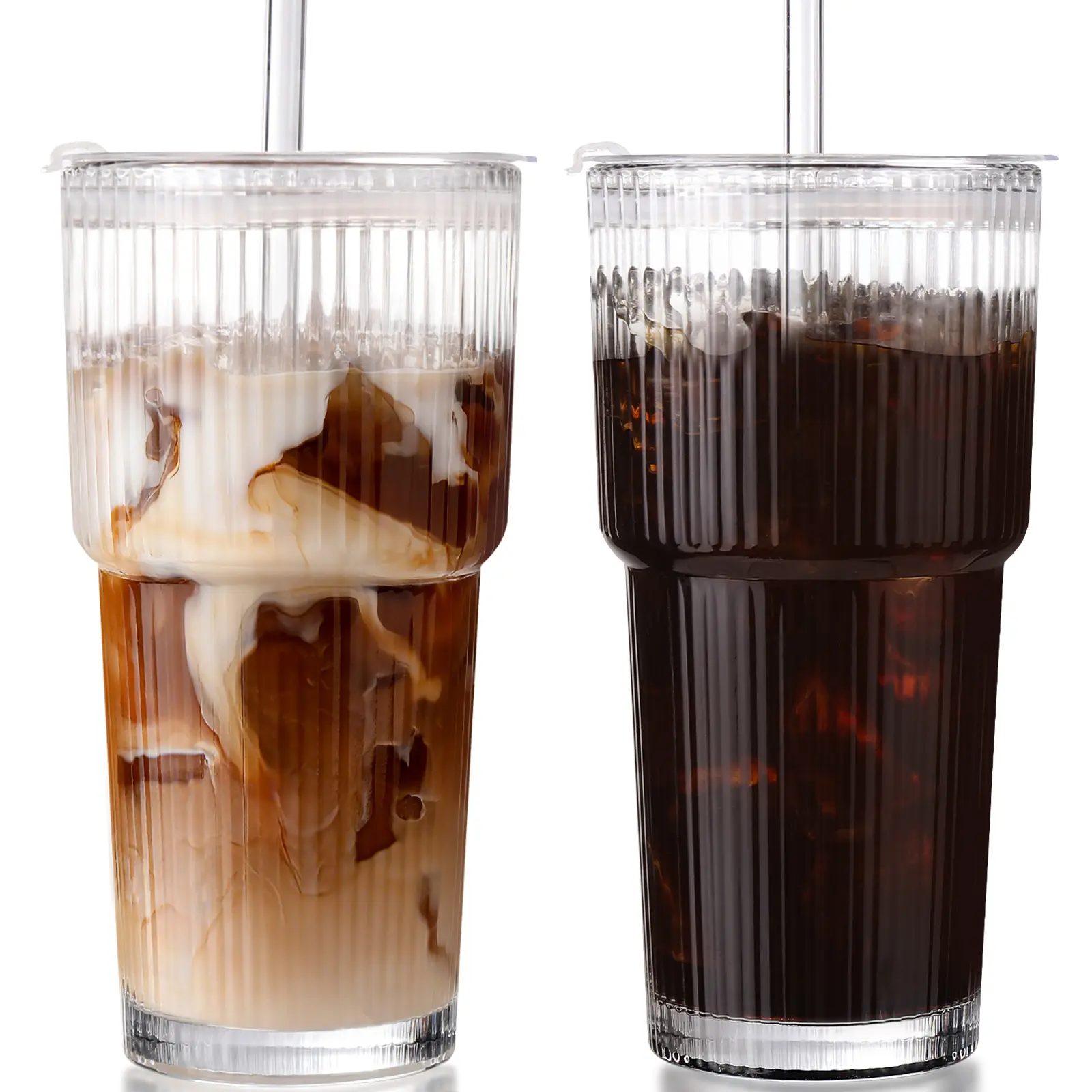 📢summer sale 🧋Iced Coffee Cups with Lids: Coffee Bar Accessories - Ribbed Glass Tumbler with Straw and Lid 4Pcs - 20oz Leak Proof Tumbler - Reusable Glass Cups and Tumblers with Lid and Straws for To Go Iced Coffee