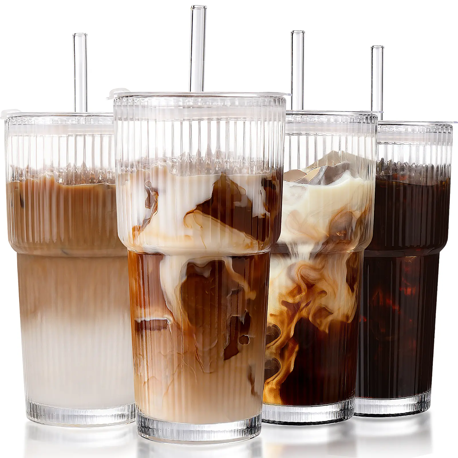 📢summer sale 🧋Iced Coffee Cups with Lids: Coffee Bar Accessories - Ribbed Glass Tumbler with Straw and Lid 4Pcs - 20oz Leak Proof Tumbler - Reusable Glass Cups and Tumblers with Lid and Straws for To Go Iced Coffee