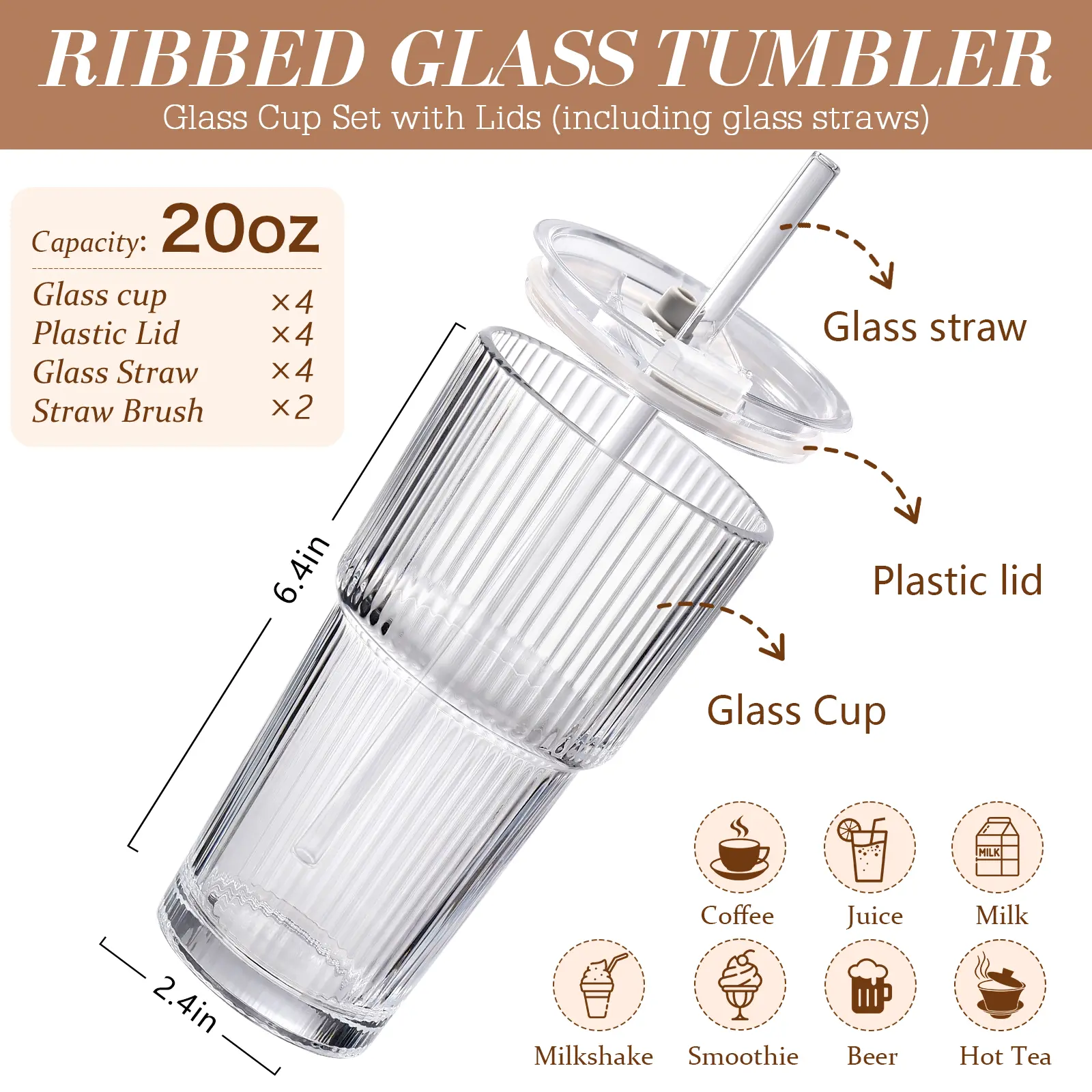 📢summer sale 🧋Iced Coffee Cups with Lids: Coffee Bar Accessories - Ribbed Glass Tumbler with Straw and Lid 4Pcs - 20oz Leak Proof Tumbler - Reusable Glass Cups and Tumblers with Lid and Straws for To Go Iced Coffee