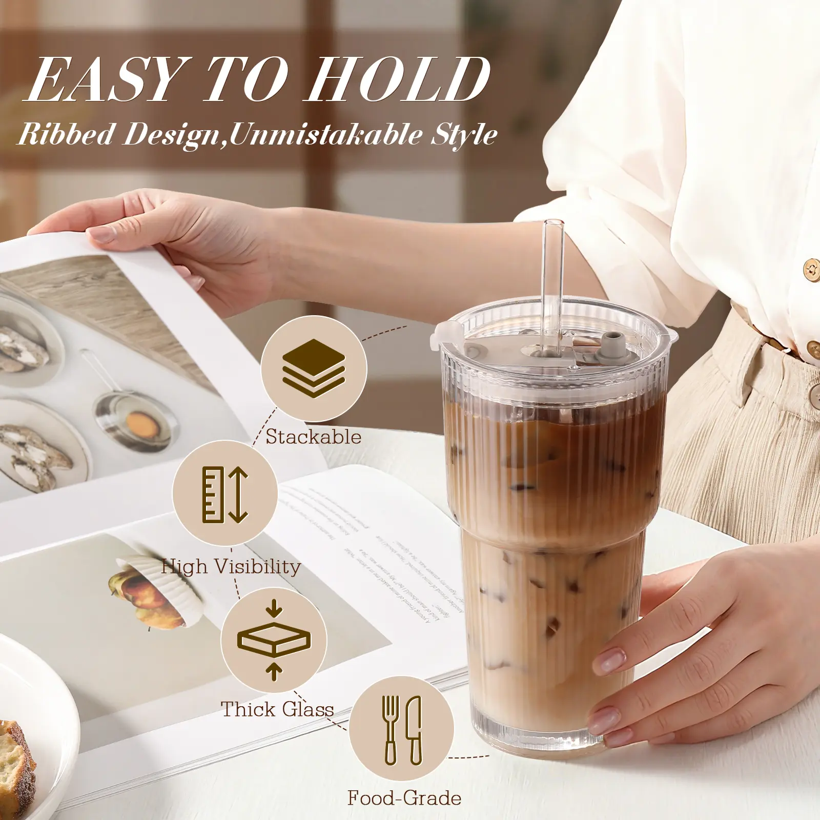 📢summer sale 🧋Iced Coffee Cups with Lids: Coffee Bar Accessories - Ribbed Glass Tumbler with Straw and Lid 4Pcs - 20oz Leak Proof Tumbler - Reusable Glass Cups and Tumblers with Lid and Straws for To Go Iced Coffee