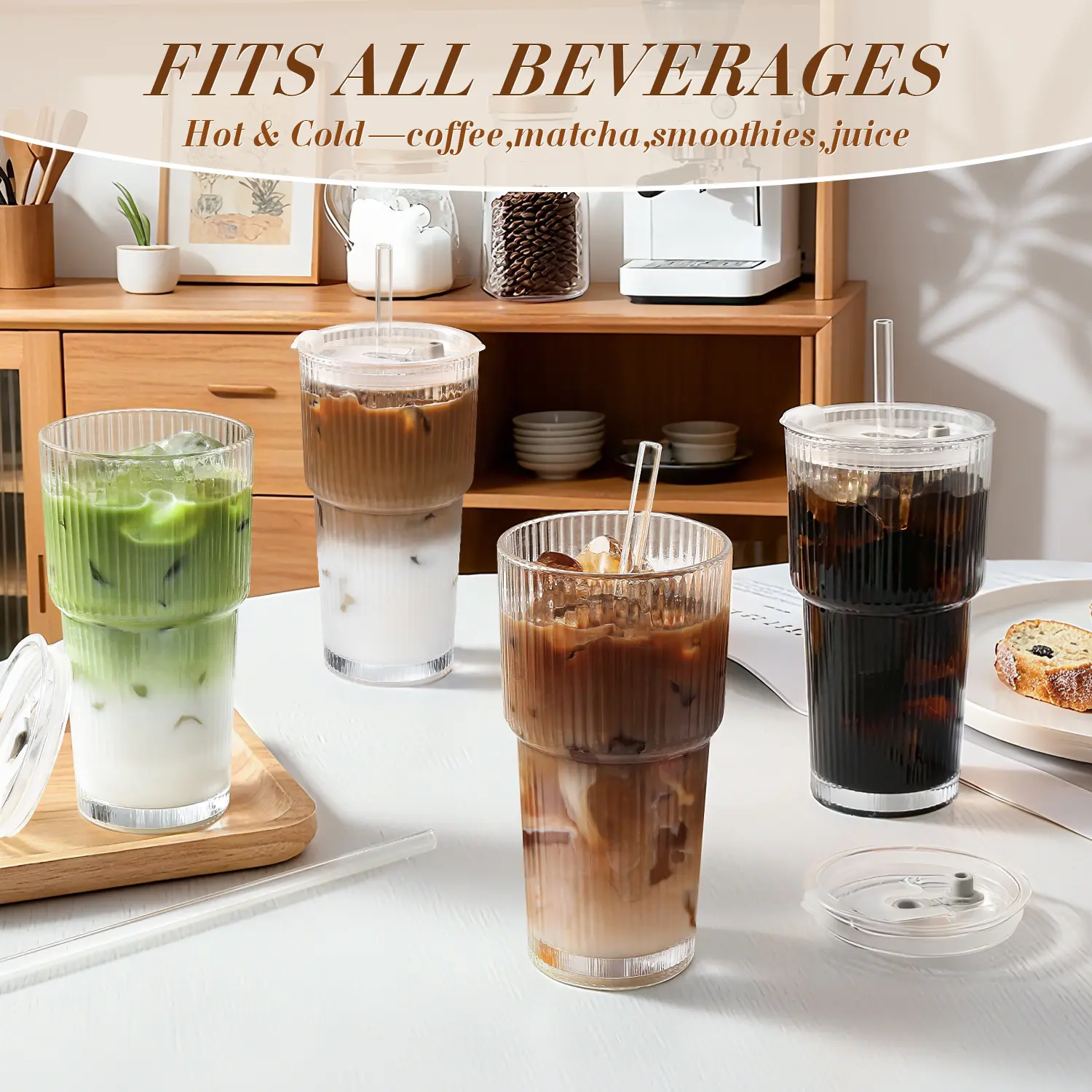 📢summer sale 🧋Iced Coffee Cups with Lids: Coffee Bar Accessories - Ribbed Glass Tumbler with Straw and Lid 4Pcs - 20oz Leak Proof Tumbler - Reusable Glass Cups and Tumblers with Lid and Straws for To Go Iced Coffee