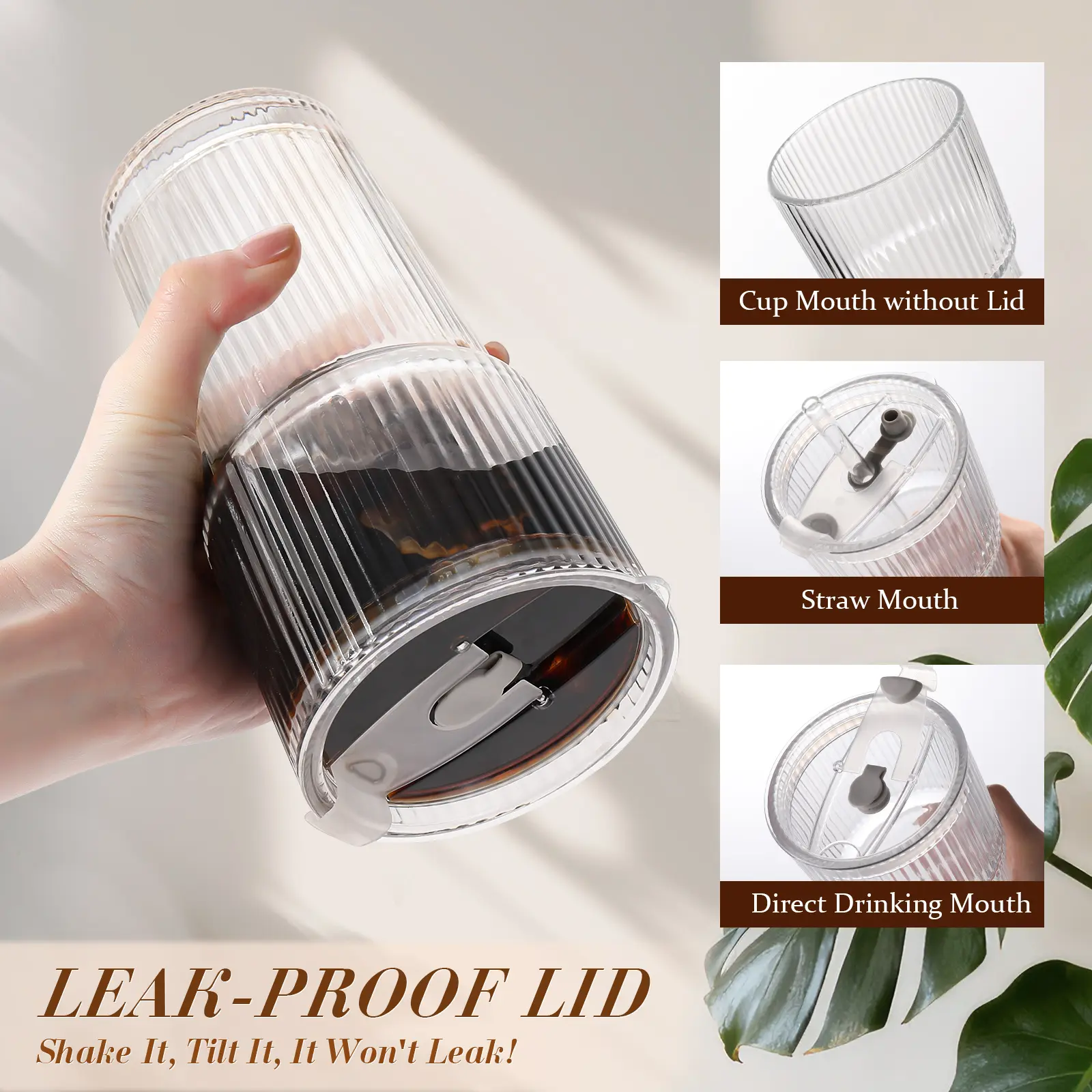 📢summer sale 🧋Iced Coffee Cups with Lids: Coffee Bar Accessories - Ribbed Glass Tumbler with Straw and Lid 4Pcs - 20oz Leak Proof Tumbler - Reusable Glass Cups and Tumblers with Lid and Straws for To Go Iced Coffee
