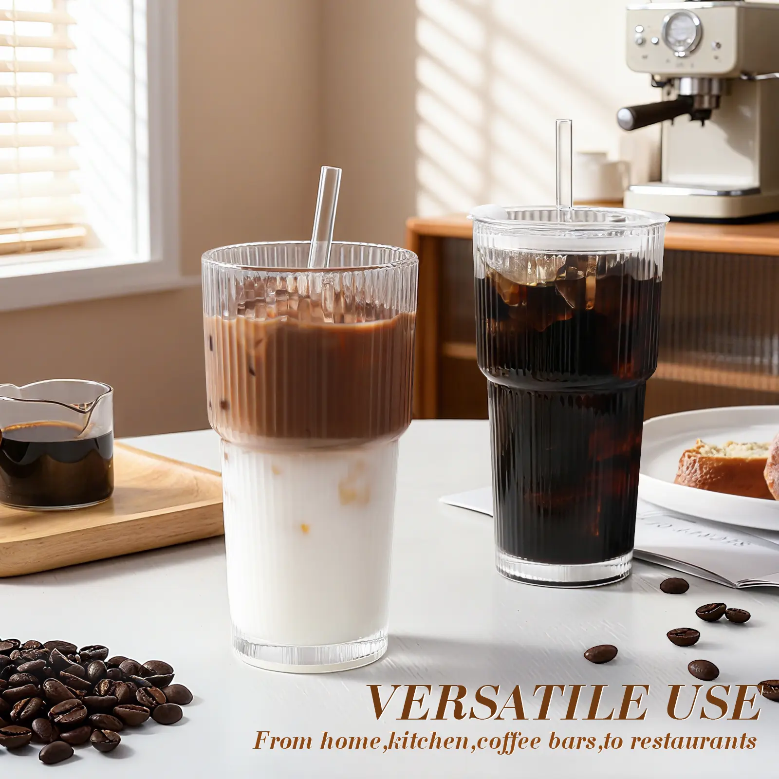 📢summer sale 🧋Iced Coffee Cups with Lids: Coffee Bar Accessories - Ribbed Glass Tumbler with Straw and Lid 4Pcs - 20oz Leak Proof Tumbler - Reusable Glass Cups and Tumblers with Lid and Straws for To Go Iced Coffee