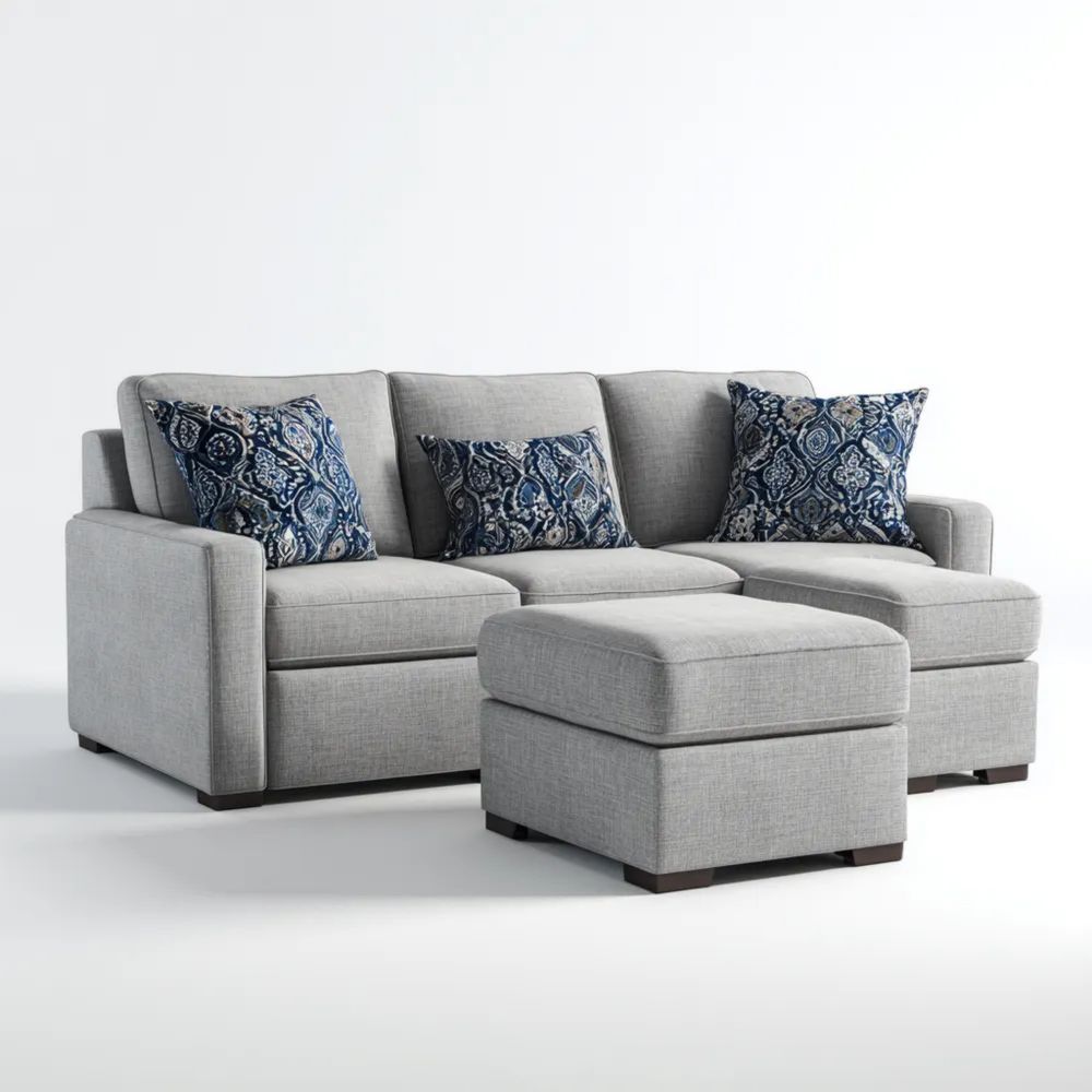 Sofa-Set Stoffpolster 200x90x85 cm mit Ottoman 60x60x45 cm – Hellgrau – Modernes Design