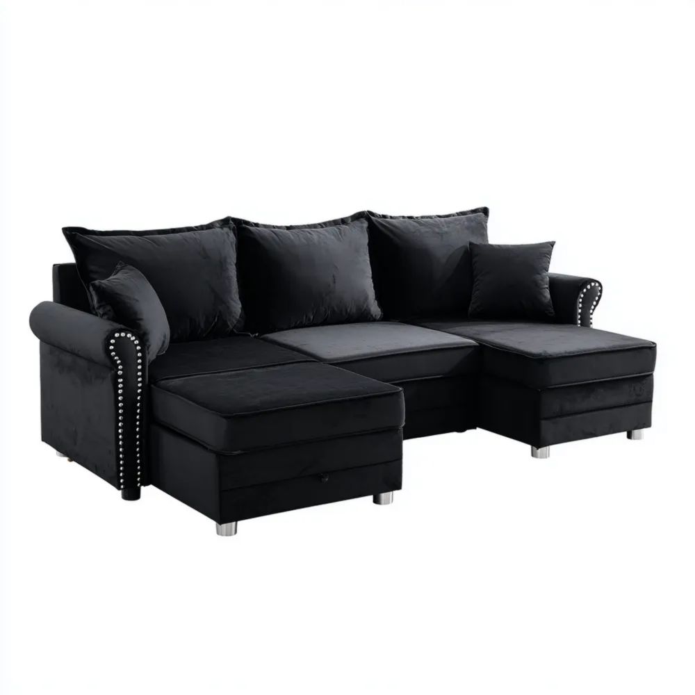 Ecksofa Samt 300x150x85 cm – Schwarz – Klassisches Design