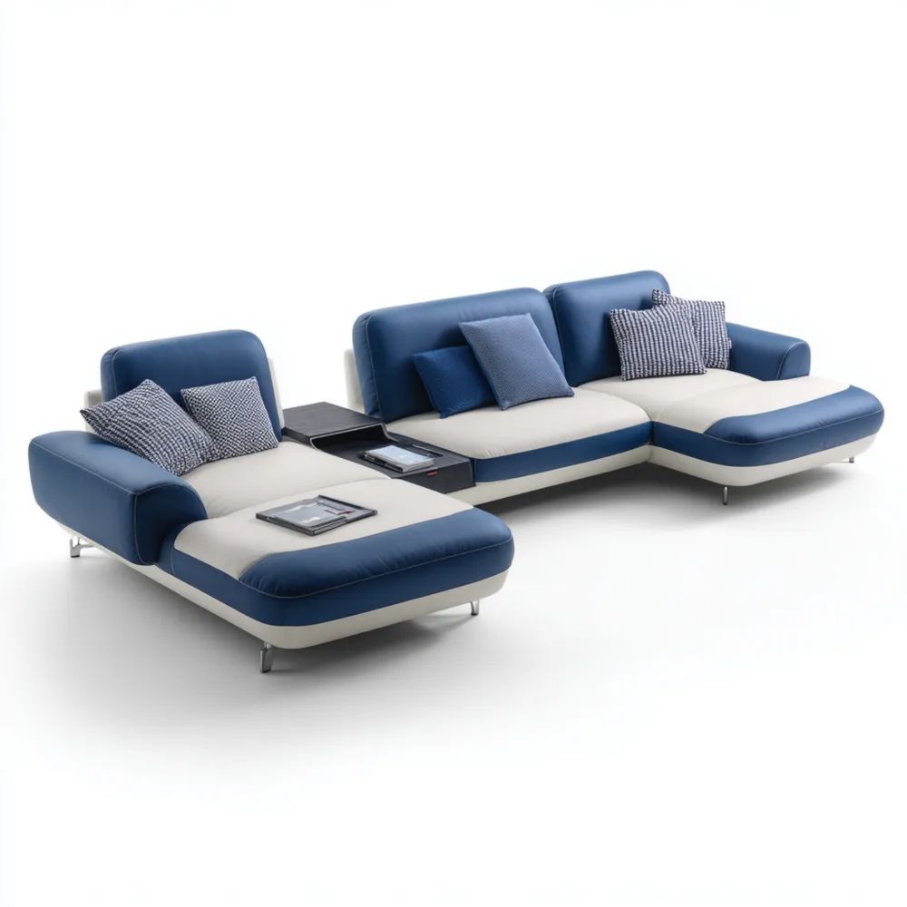 Ecksofa Leder Kunstleder 280x100x40 cm Beige/Blau – Modernes Design mit Ablage