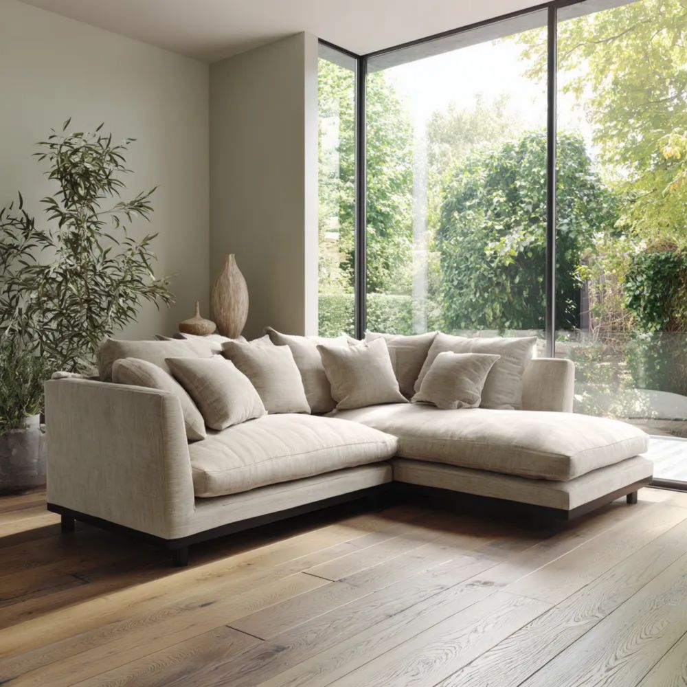 Modernes Ecksofa Stoffbezug 210x150x85 cm – Sandfarbenes Design
