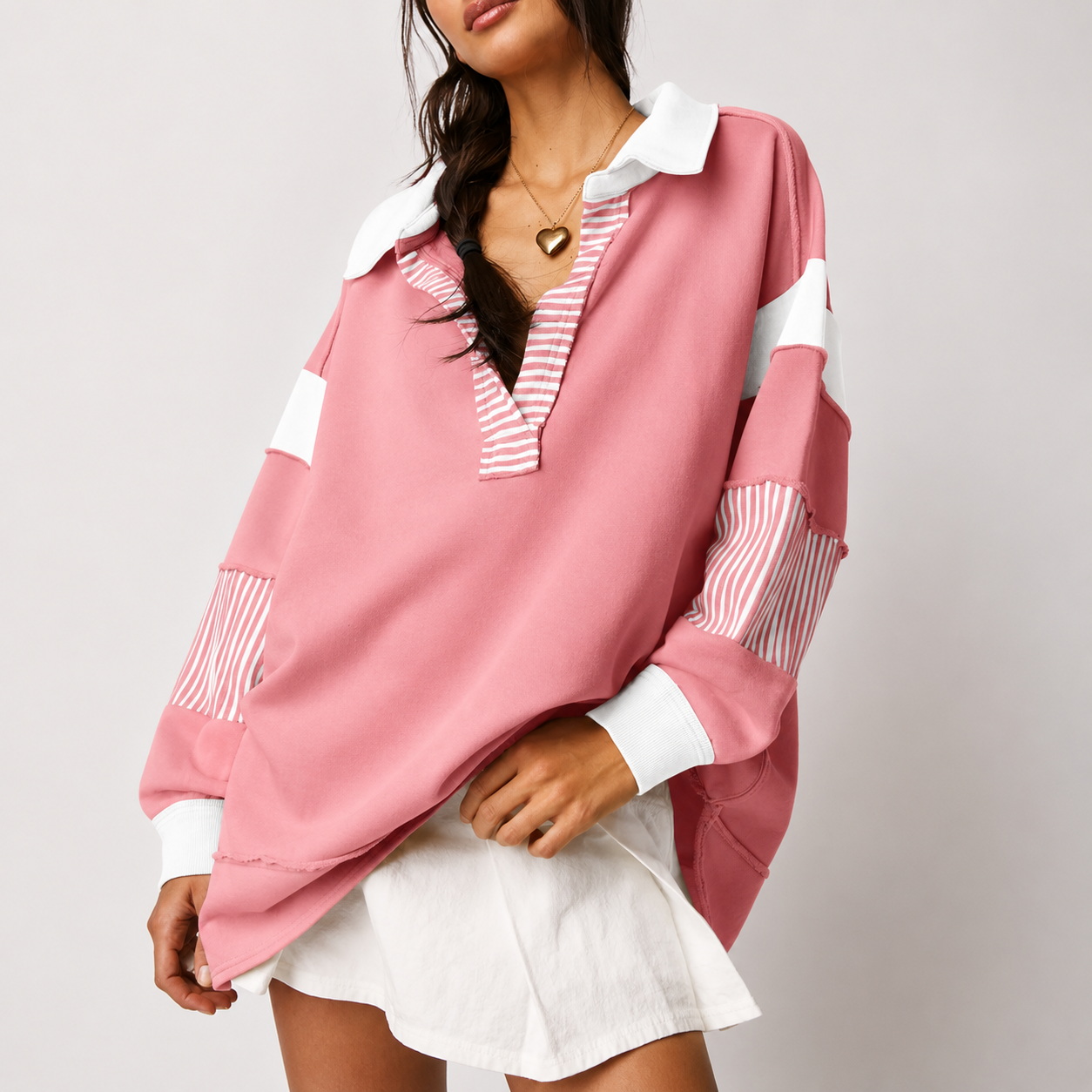 Colorblock Striped Johnny Collar Sweatshirt