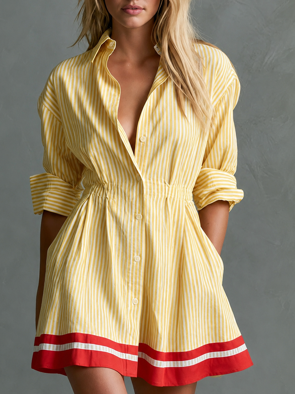 Retro-style Color-blocked Trim Blue Striped Long-sleeved Collared Cotton Mini Dress