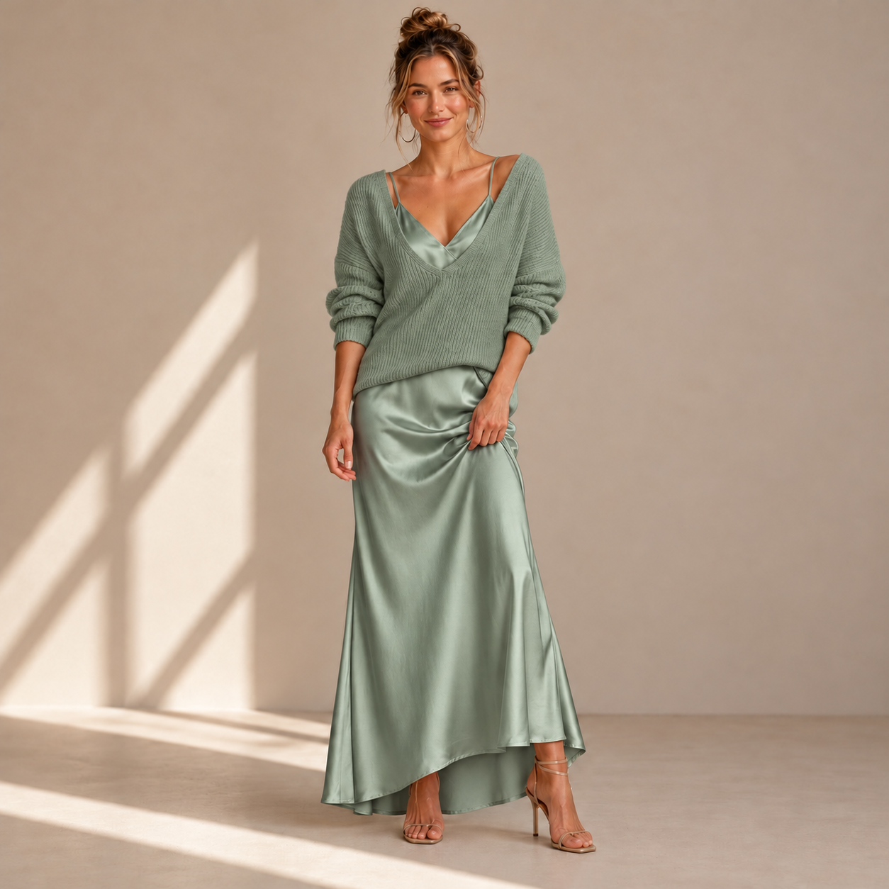 Satin Midi Dress with Included Sweater