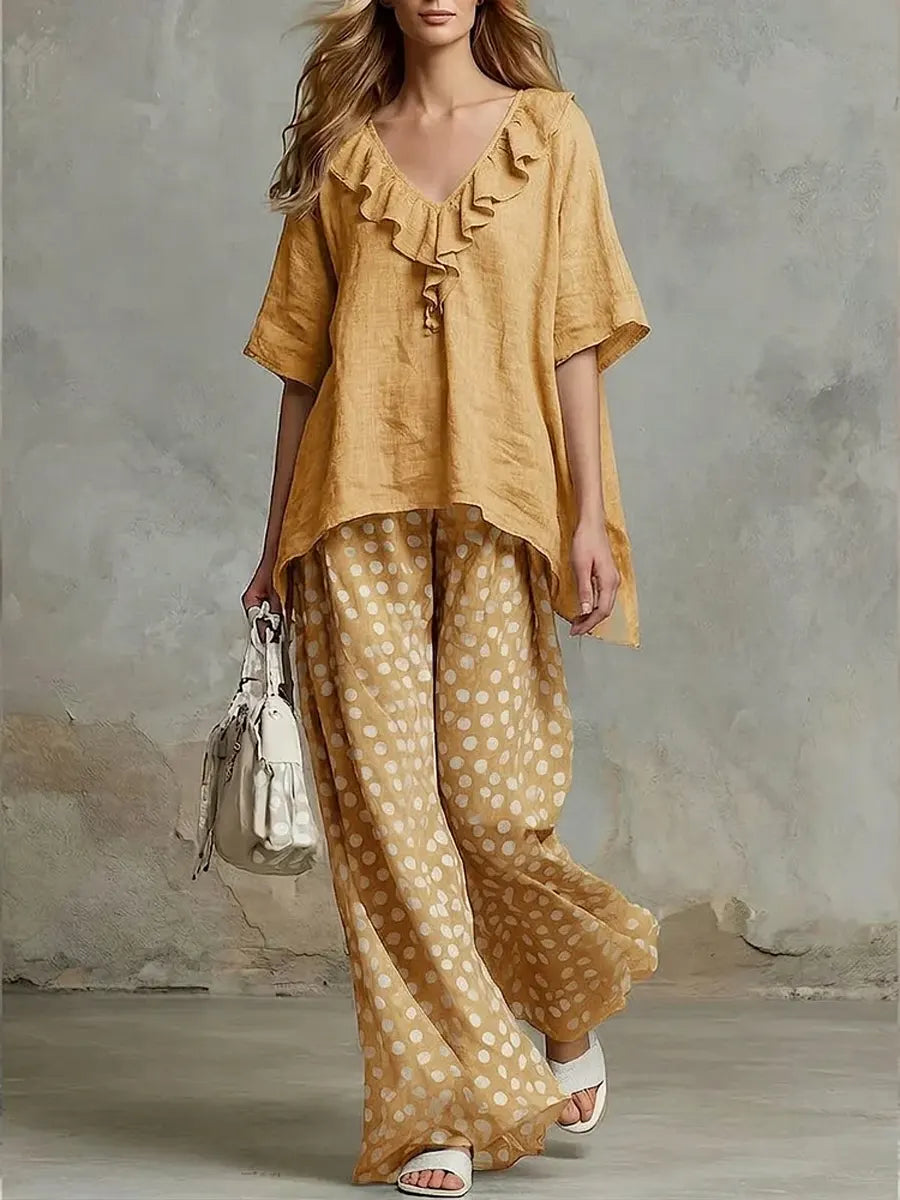 Women's Solid Color Ruffled Art Casual Top And Polka Pants Cotton Linen Suits