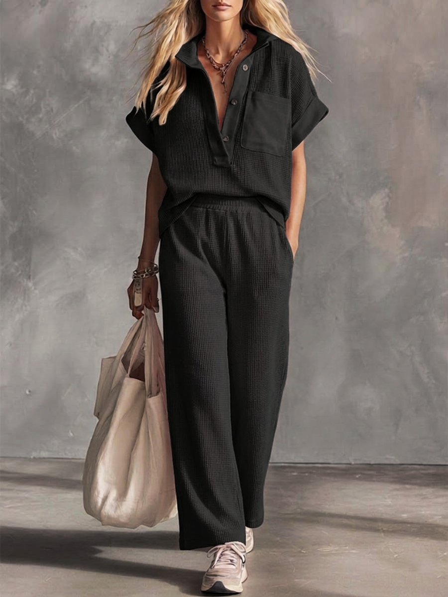 Casual Sports Waffle Knit Short-sleeved Cotton Top And Pants Two-piece Set