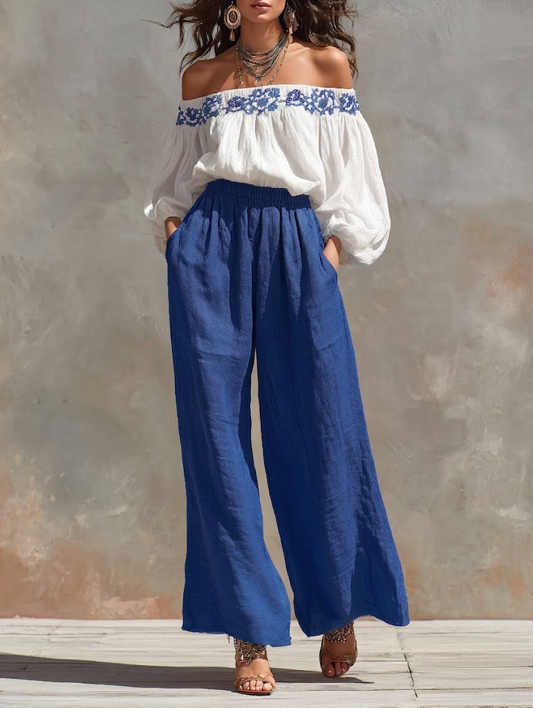 Stylish Off-shoulder Linen And Cotton Top And Pants Two-piece Set