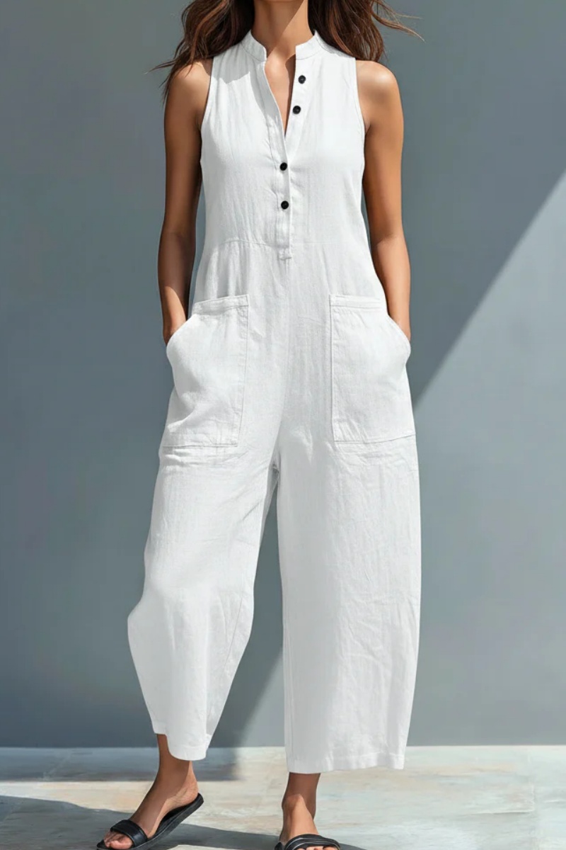 🔥Hot Selling Now！Women's  Minimalist Faux Linen Button-down Collar Sleeveless Loose-fitting Jumpsuit