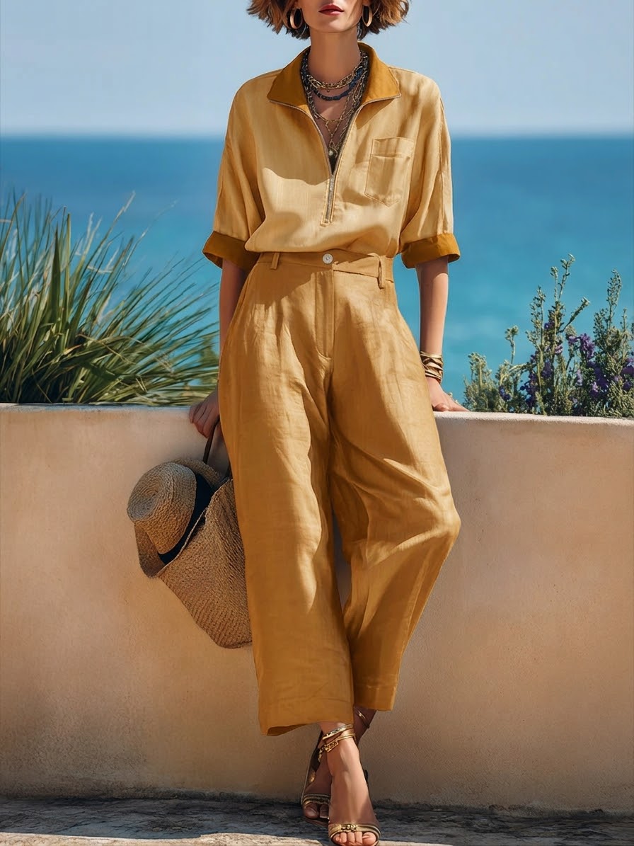 Casual Half-zip Linen And Cotton Color-blocked Shirt And Trousers Two-piece Set
