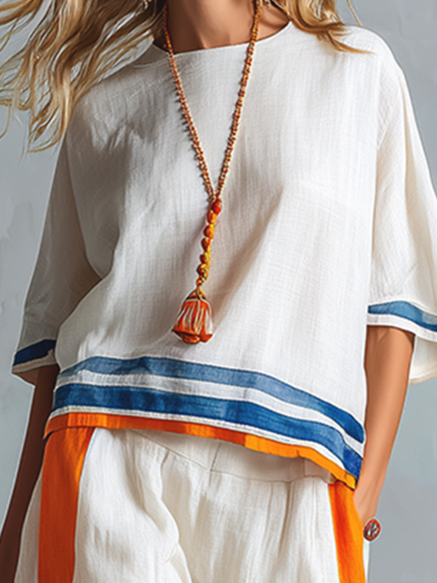 Casual Urban Style Contrast-Trimmed White T-Shirt & Wide-Leg Pants Cotton-Linen Set