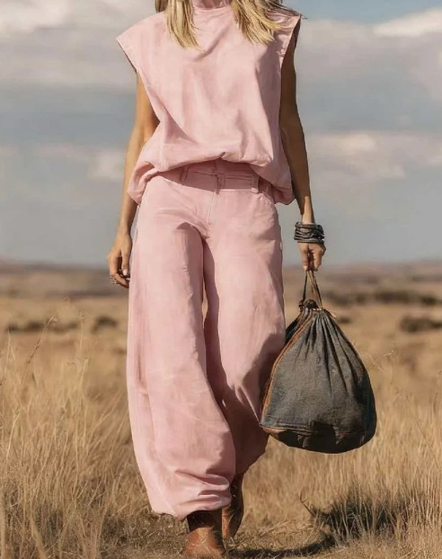 High Waisted Loose Pockets Solid Color Mock Neck Suits Vest Top + Pants Bottom Two Pieces Set