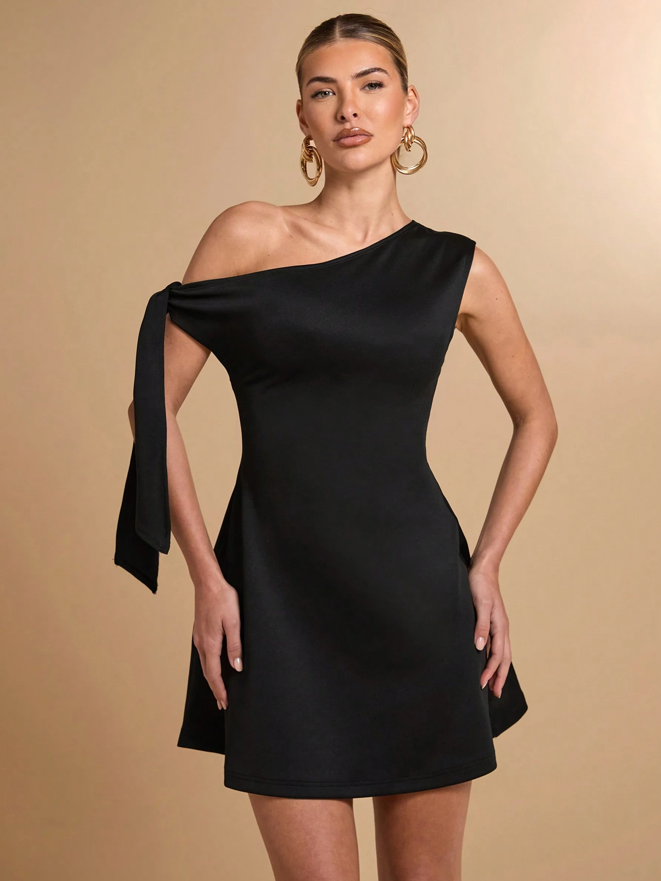 Women's Asymmetric Shoulder Tie Waist Black Bodycon Elegant A-Line Peplum Skirt