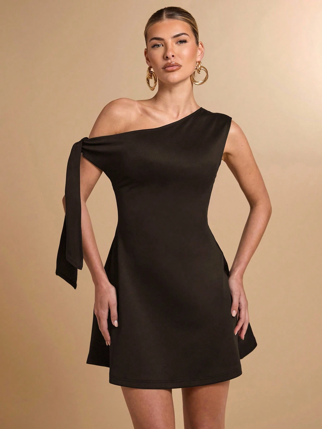 Women's Asymmetric Shoulder Tie Waist Black Bodycon Elegant A-Line Peplum Skirt