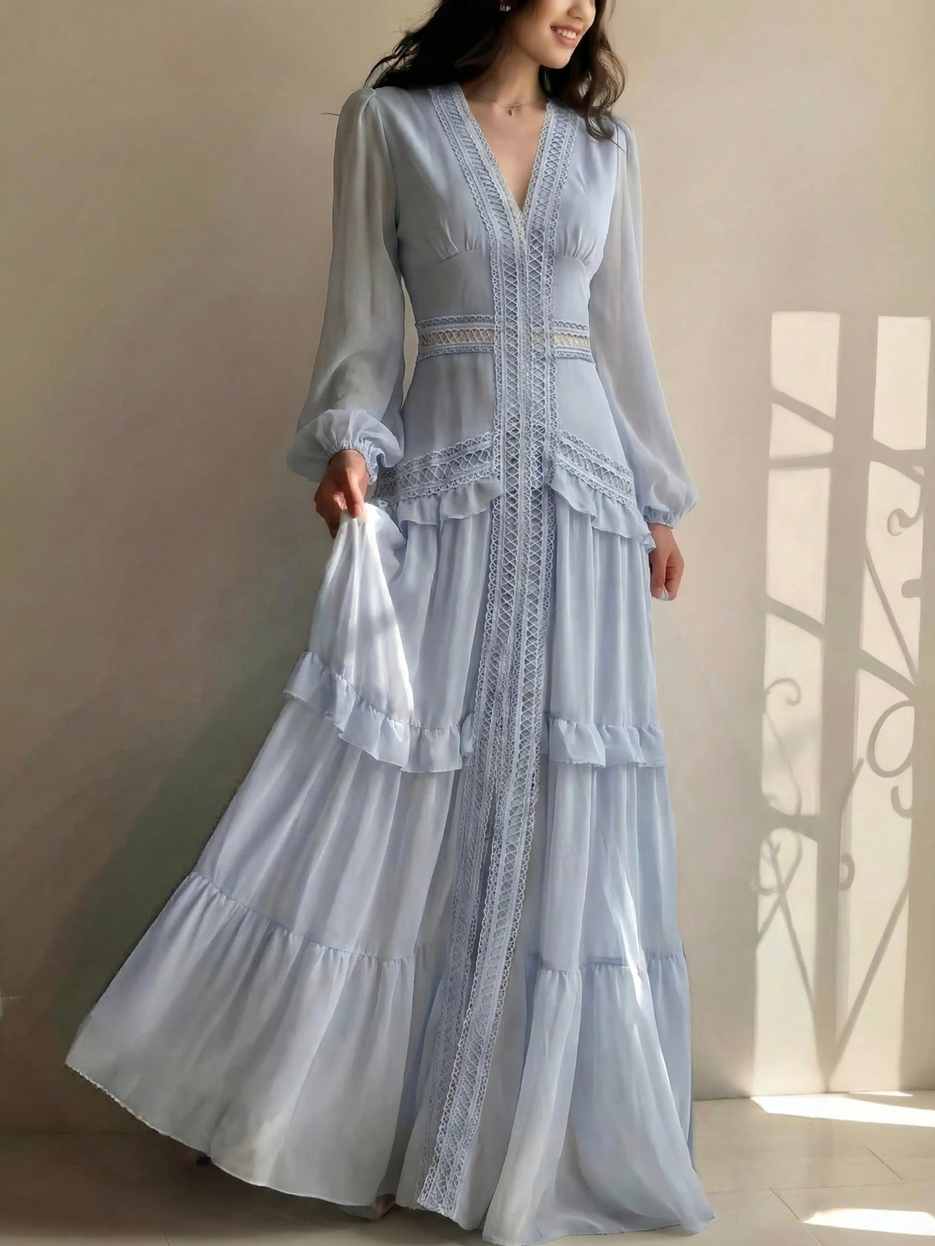 Spring Green Ruffle Hem Patchwork Dress
