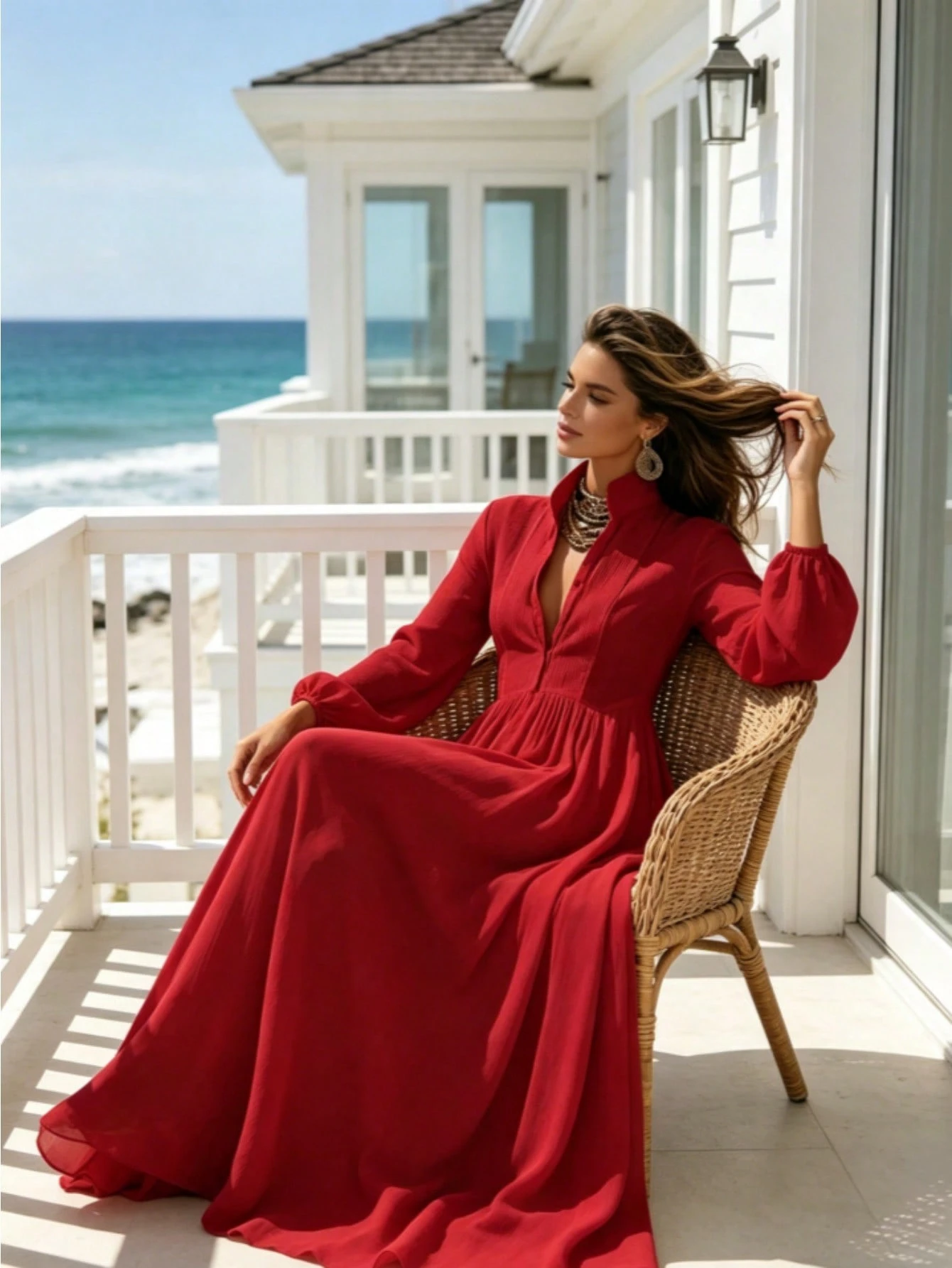 Women's Long-Sleeve Button-Front Maxi Dress - French-Style Elegant & Casual Vacation Gown