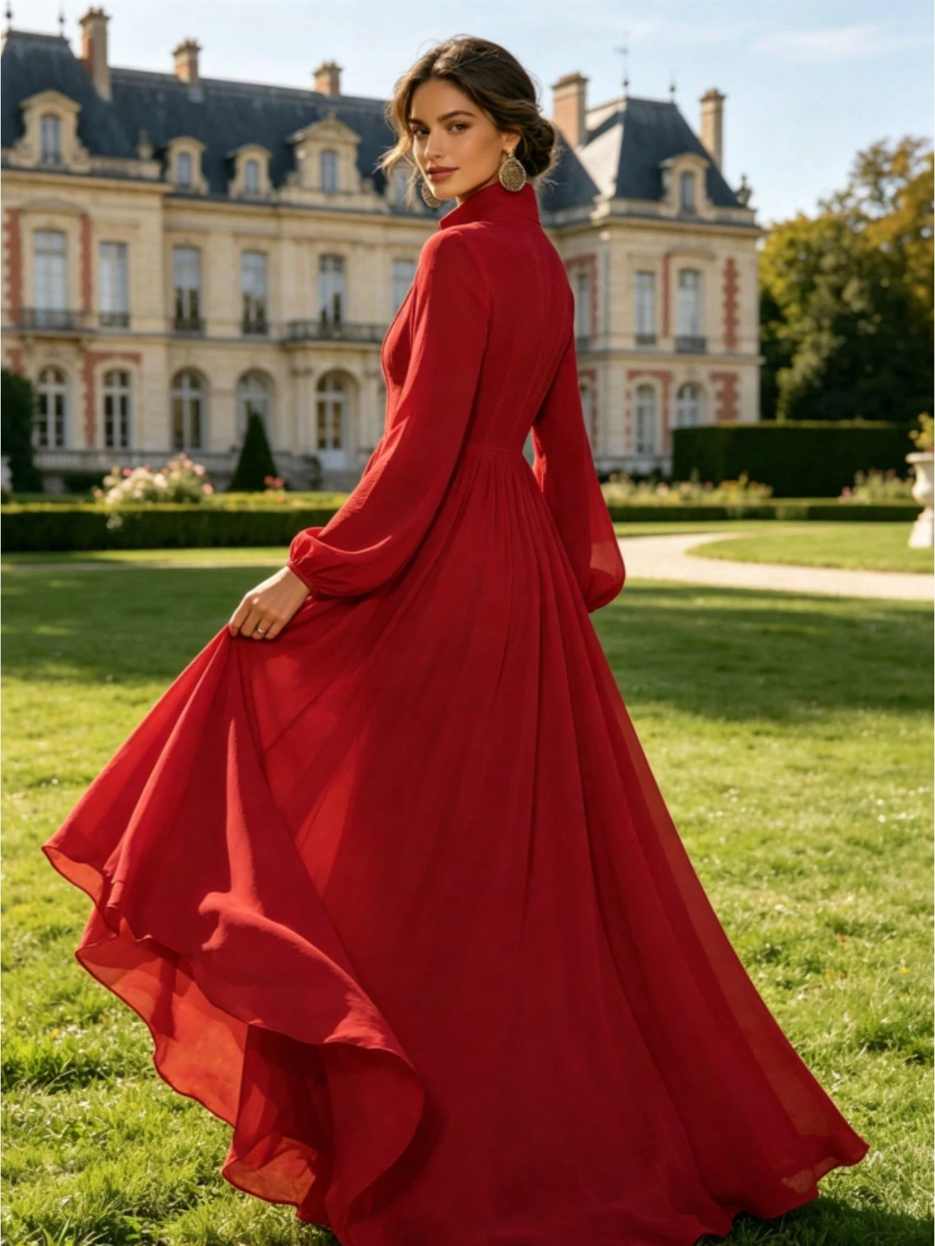 Women's Long-Sleeve Button-Front Maxi Dress - French-Style Elegant & Casual Vacation Gown