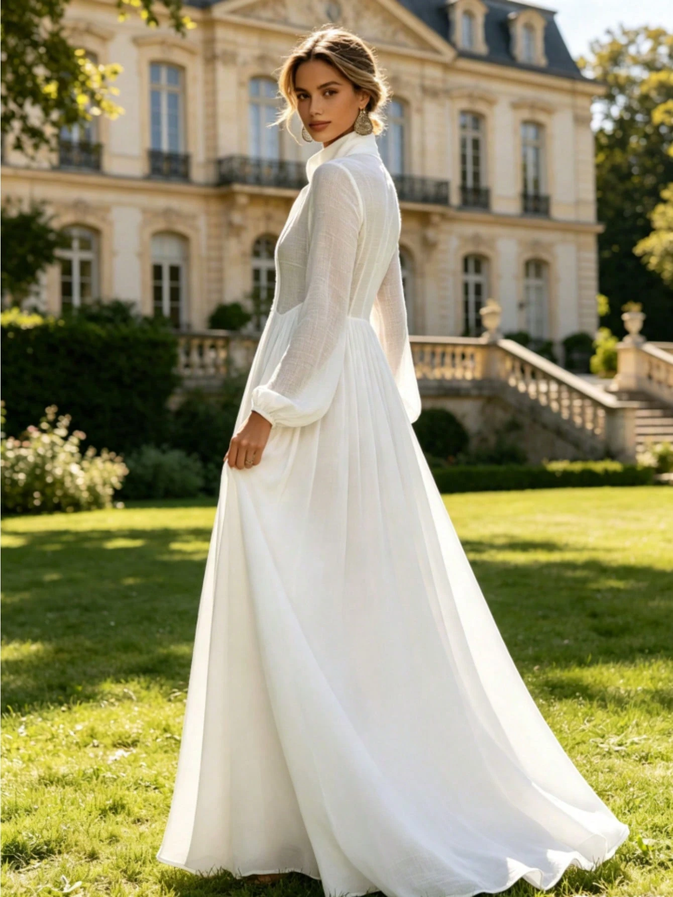 Women's Long-Sleeve Button-Front Maxi Dress - French-Style Elegant & Casual Vacation Gown