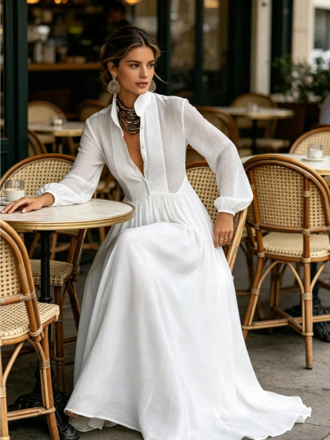 Women's Long-Sleeve Button-Front Maxi Dress - French-Style Elegant & Casual Vacation Gown