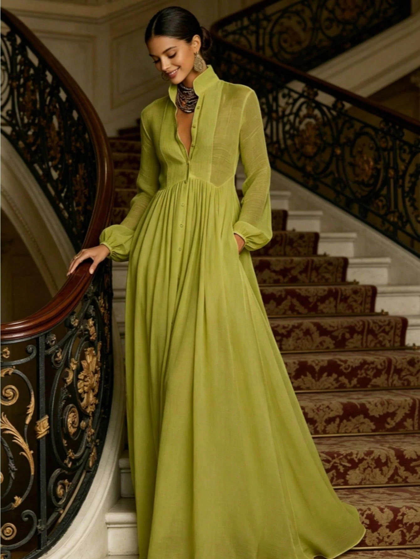 Women's Long-Sleeve Button-Front Maxi Dress - French-Style Elegant & Casual Vacation Gown