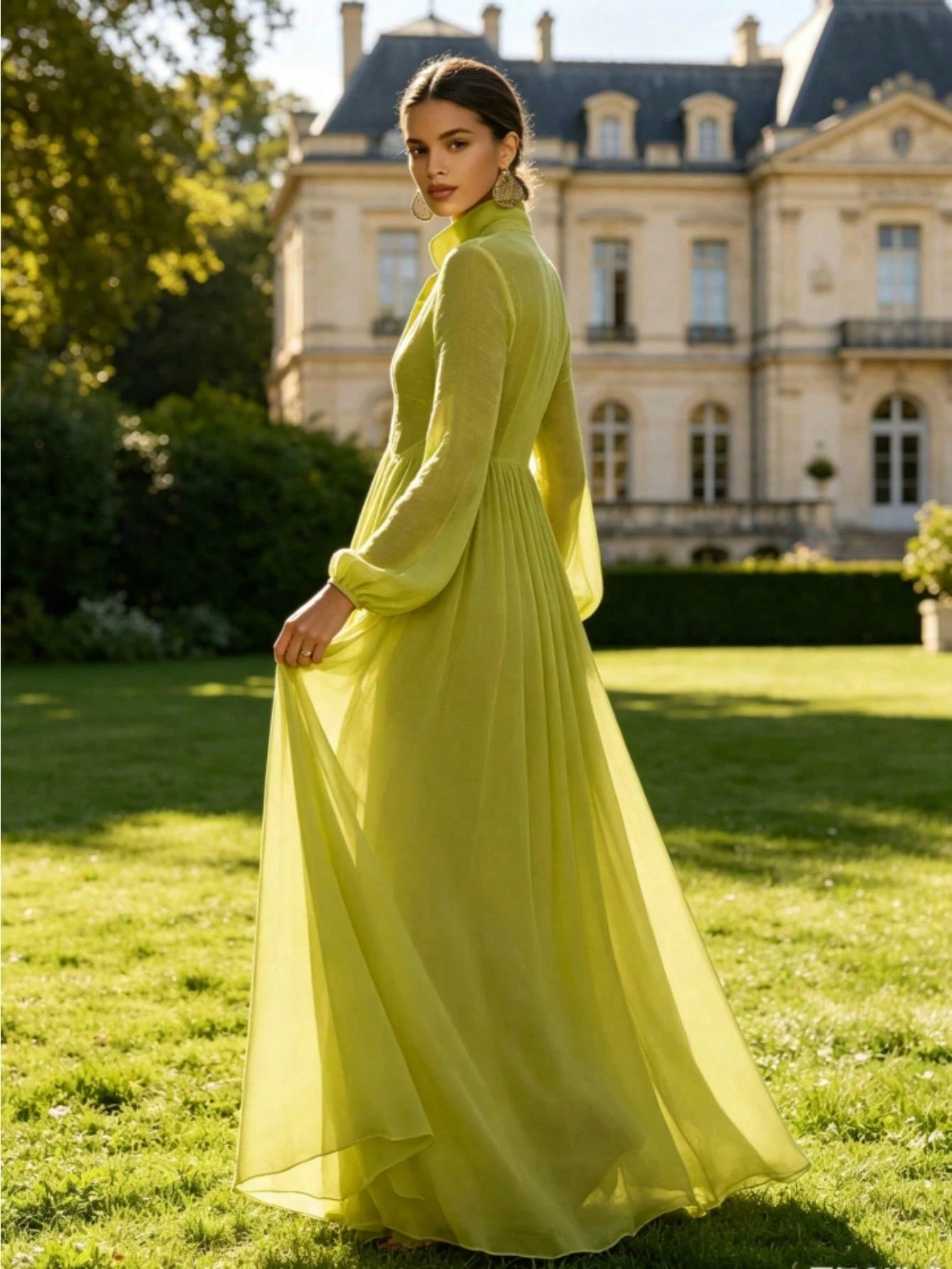 Women's Long-Sleeve Button-Front Maxi Dress - French-Style Elegant & Casual Vacation Gown