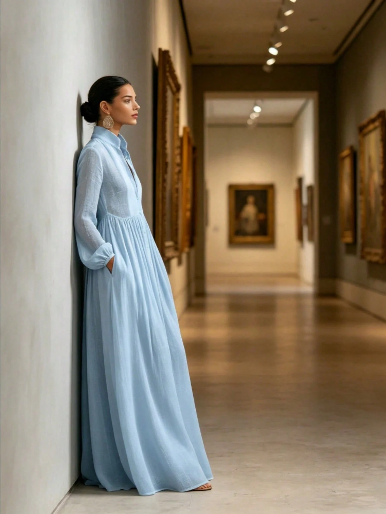 Women's Long-Sleeve Button-Front Maxi Dress - French-Style Elegant & Casual Vacation Gown
