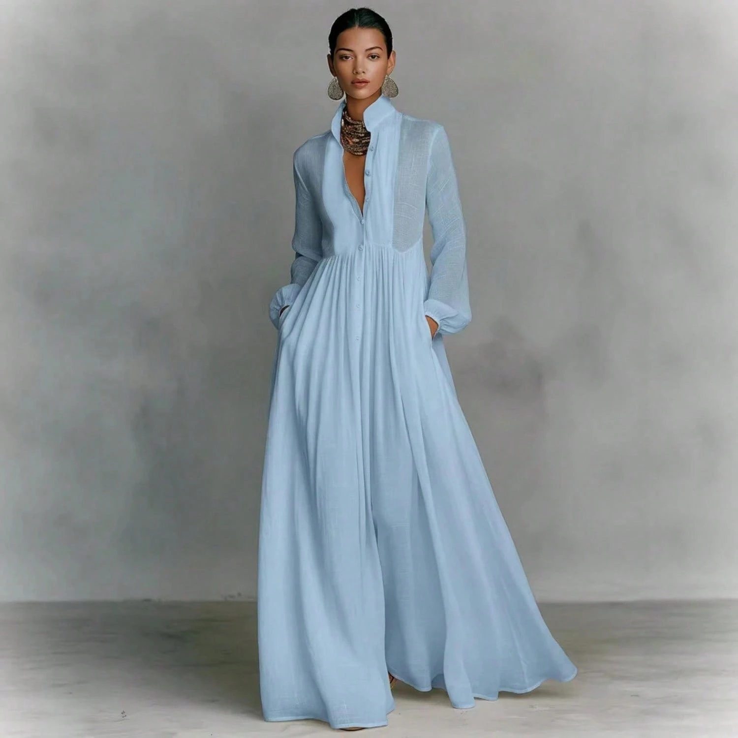 Women's Long-Sleeve Button-Front Maxi Dress - French-Style Elegant & Casual Vacation Gown