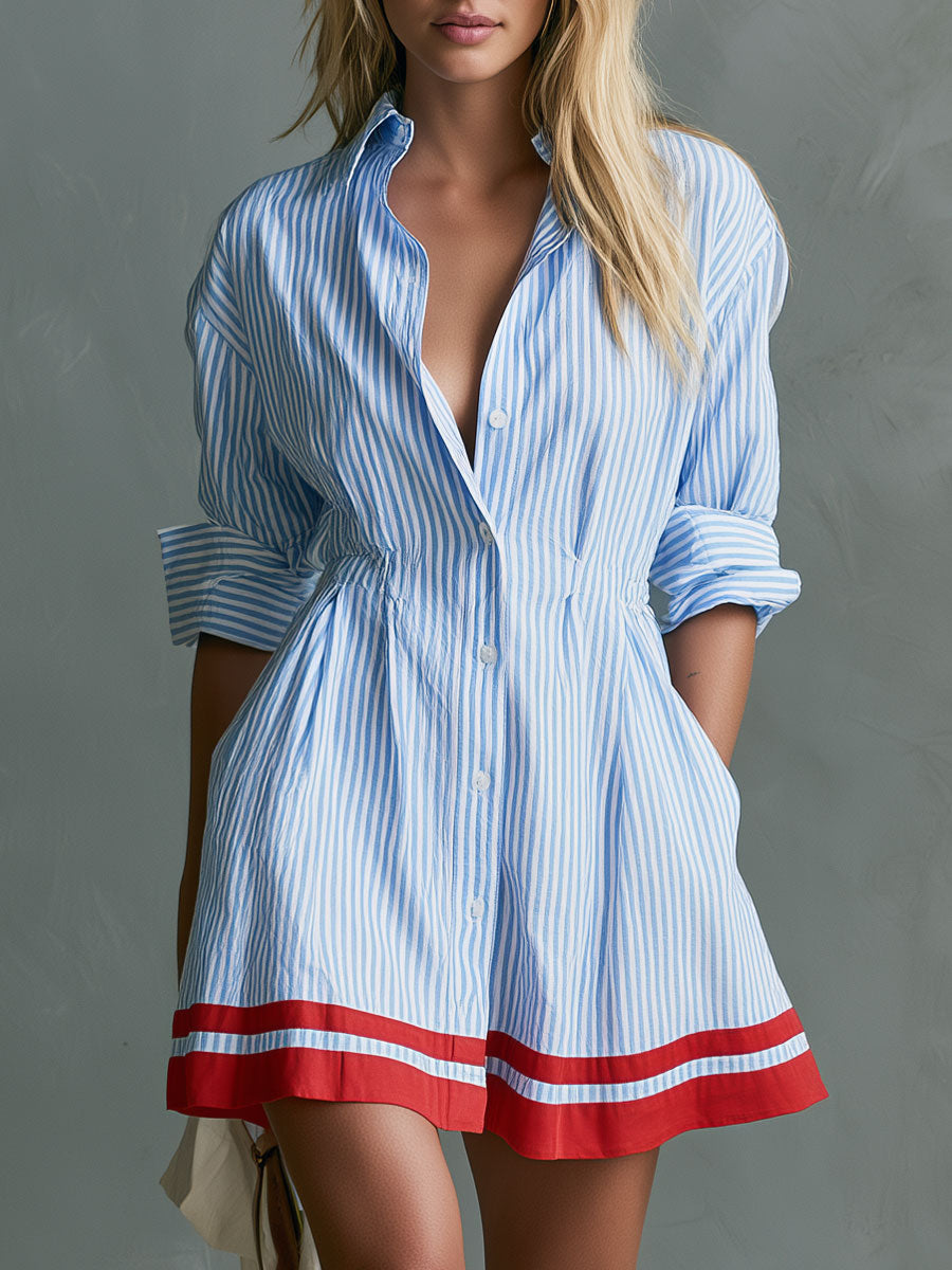 Retro-style Color-blocked Trim Blue Striped Long-sleeved Collared Cotton Mini Dress