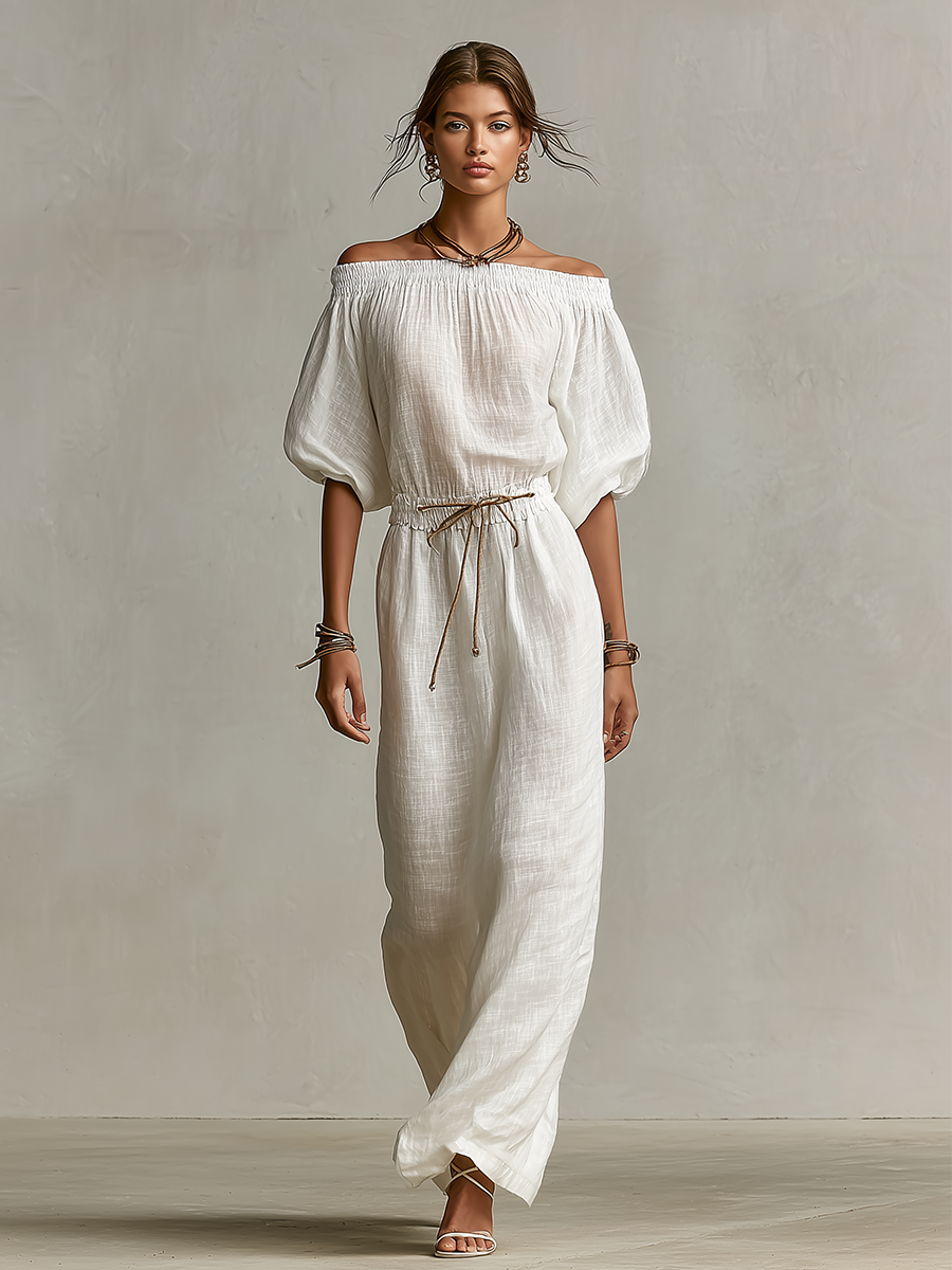 Women's White Linen Dress With Elasticated Off-Shoulder Detail & Drawstring Waist, Timeless Boho-Relaxed Style Dress