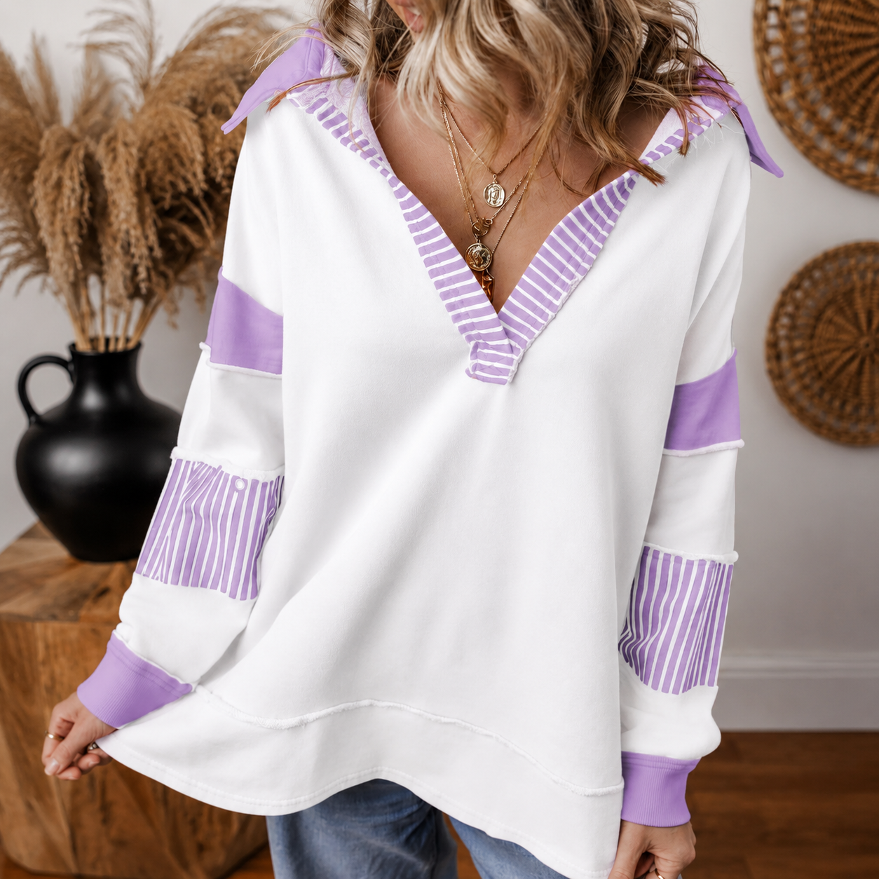 Colorblock Striped Johnny Collar Sweatshirt