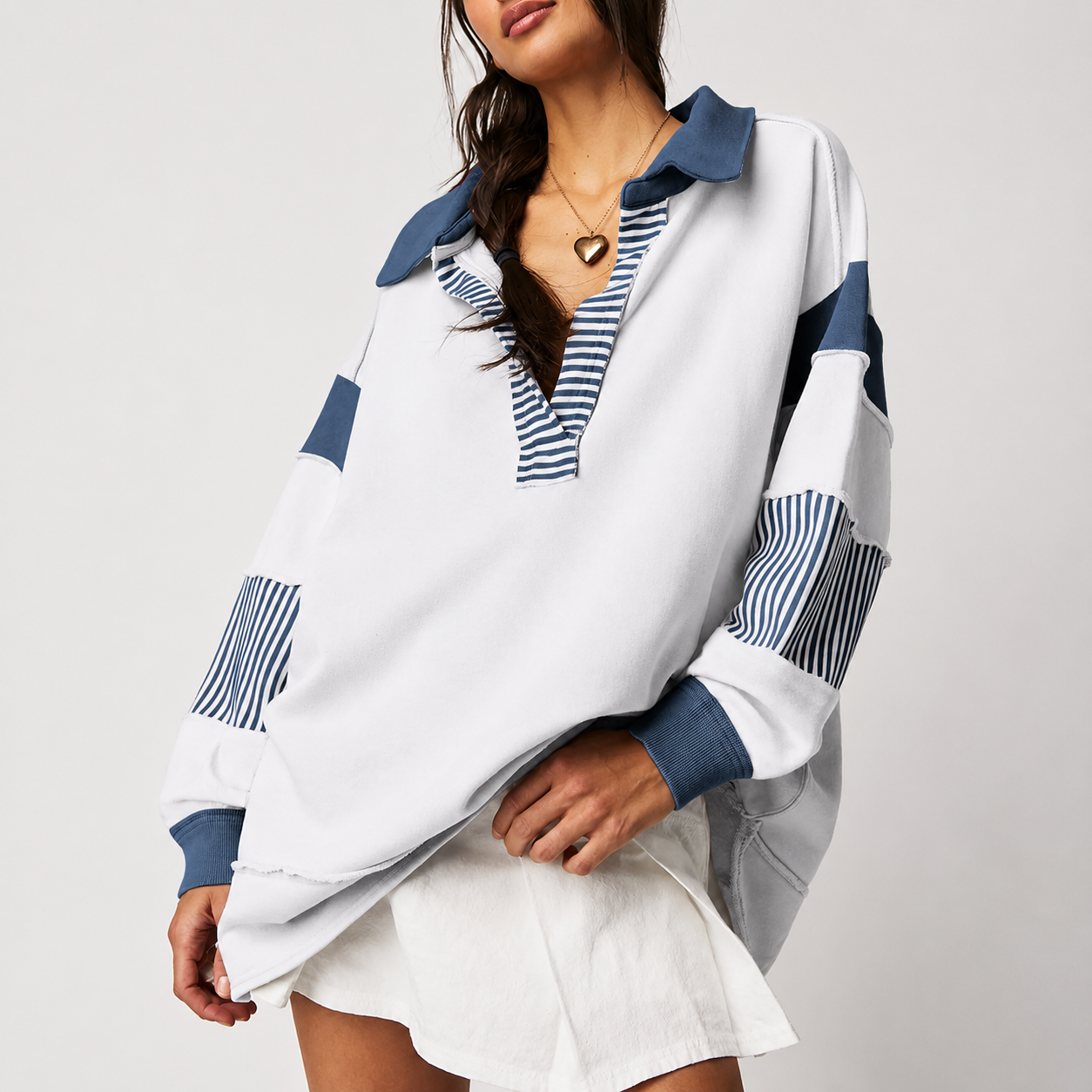 Colorblock Striped Johnny Collar Sweatshirt