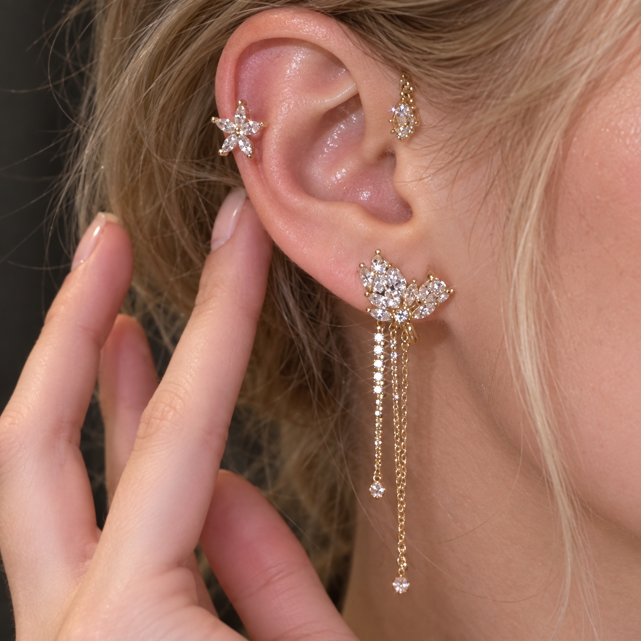 Lilyfall Ear Vine – No-Pierce Floral Crystal Cuff, Gold & Silver