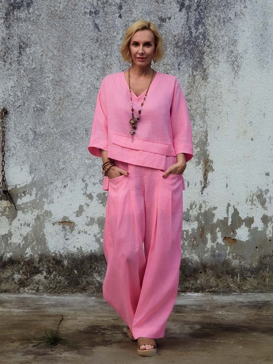 Women's Linen Asymmetric Top and Pats Sets