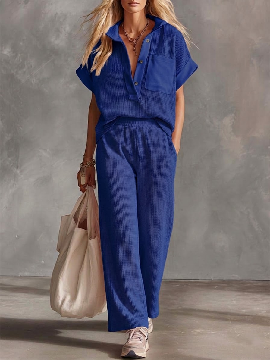 Casual Sports Waffle Knit Short-sleeved Cotton Top And Pants Two-piece Set