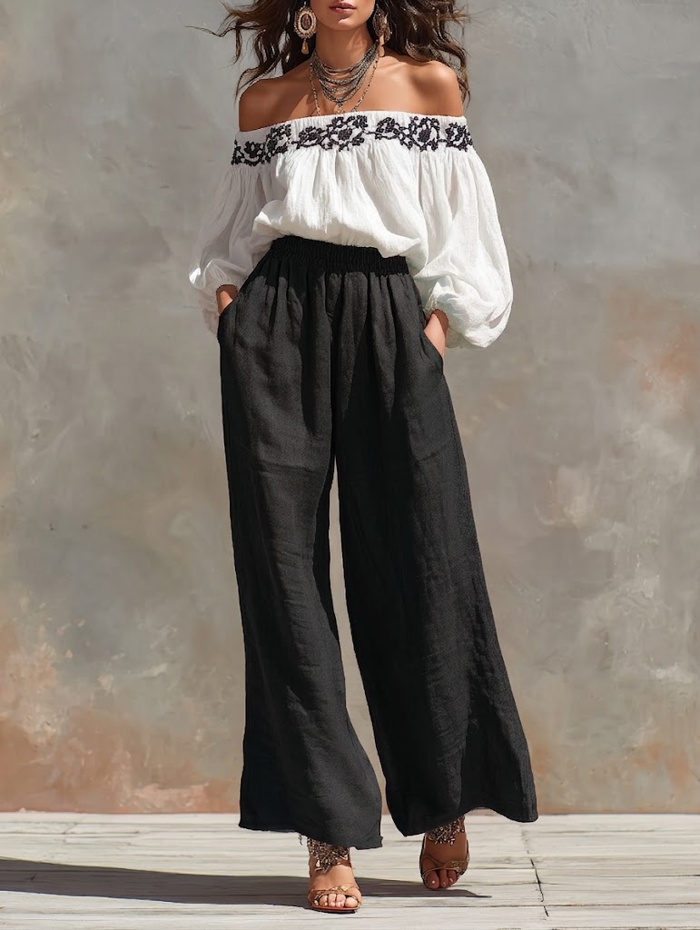 Stylish Off-shoulder Linen And Cotton Top And Pants Two-piece Set