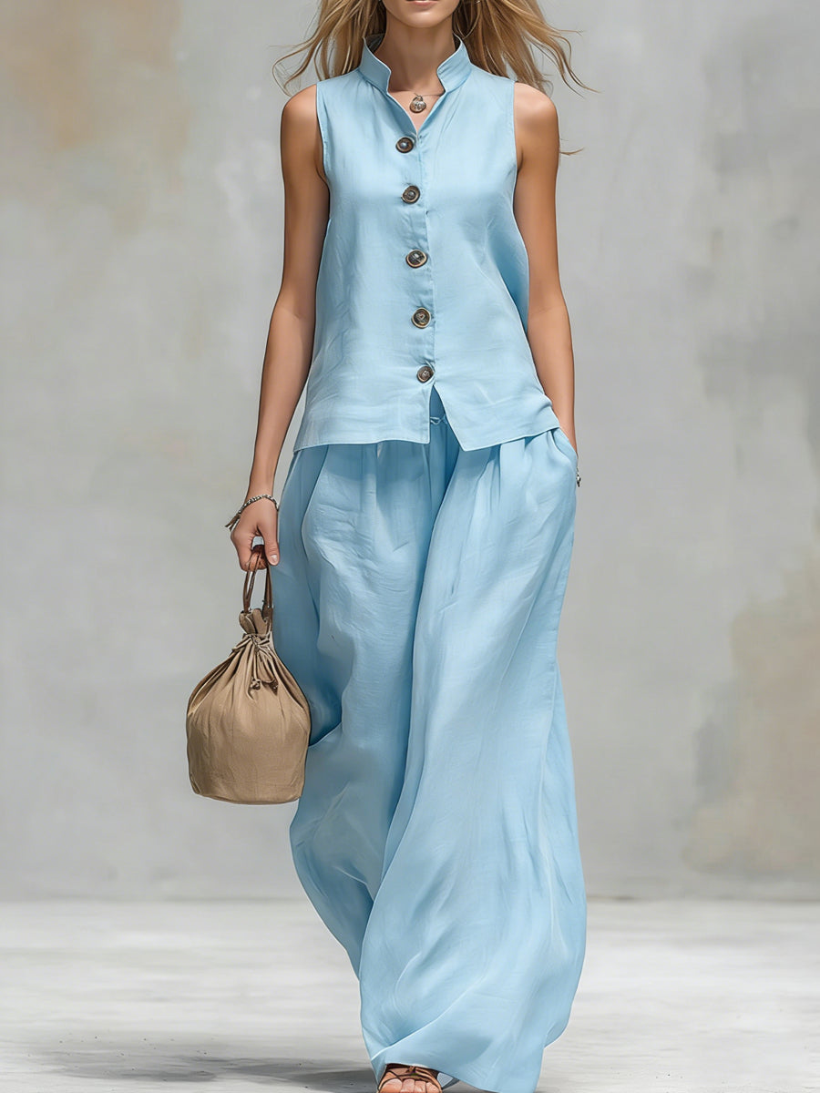 Comfortable And Casual V-neck Sleeveless Button-down Top And Trousers Set