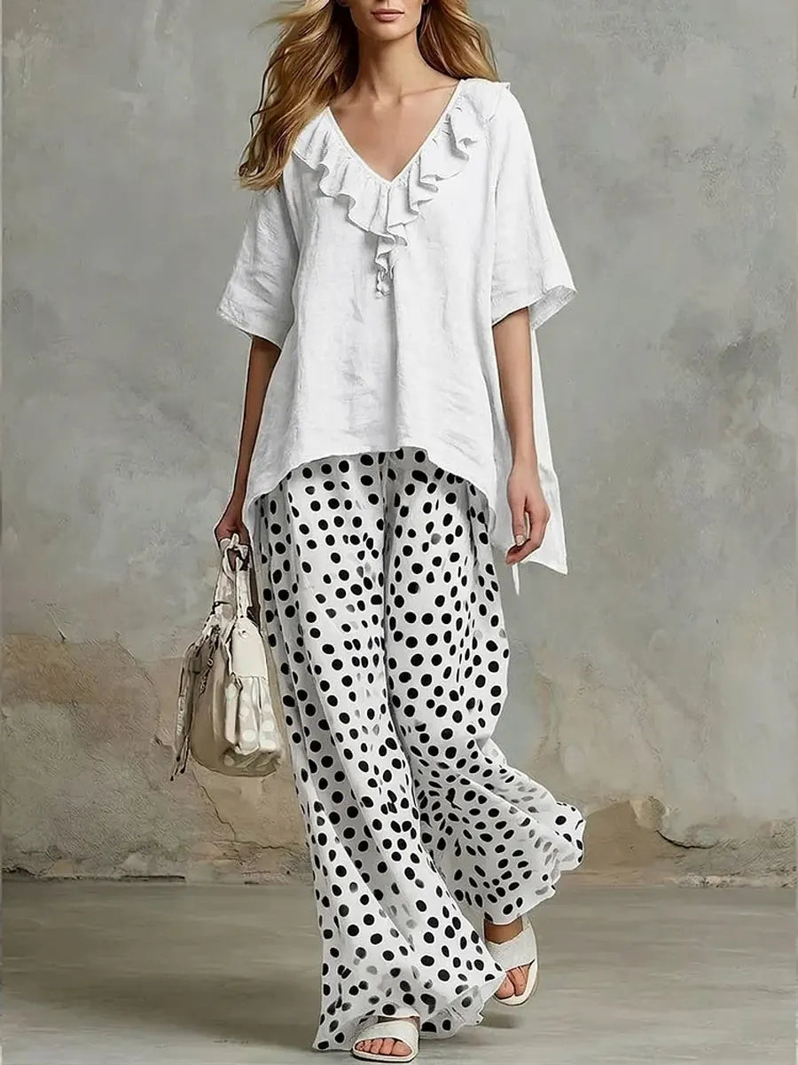 Women's Solid Color Ruffled Art Casual Top And Polka Pants Cotton Linen Suits