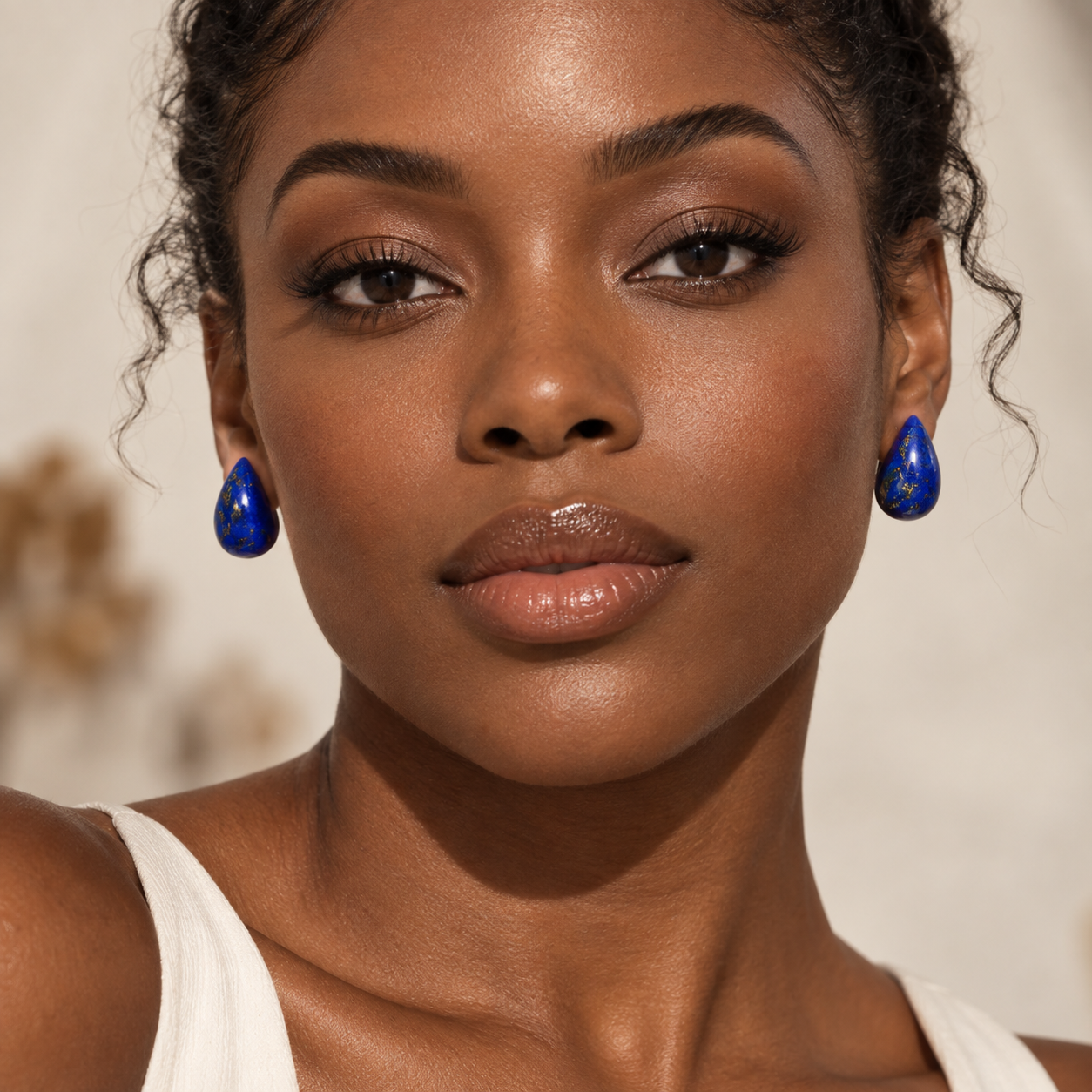 Riverstone teardrop stone stud earrings worn on the ear in Midnight Lapis