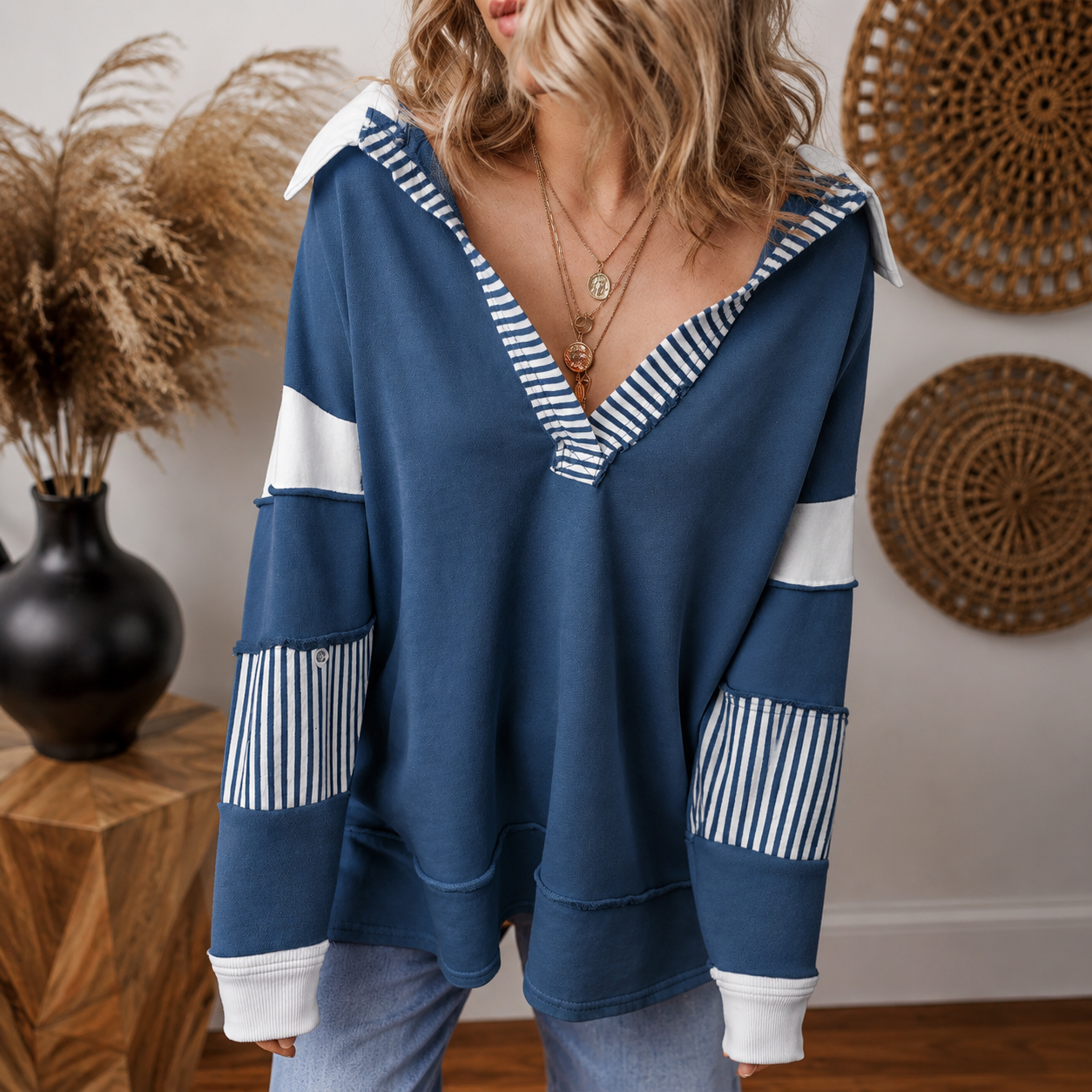 Colorblock Striped Johnny Collar Sweatshirt