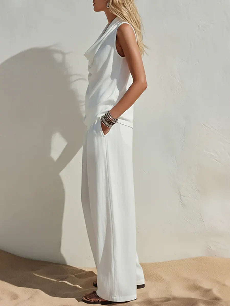 Relaxed Cotton-linen Sleeveless Women's V-neck Wide-leg Pants Two-piece Set