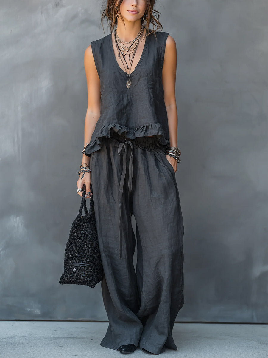 Women's V-neck Sleeveless Casual Loose Cotton Top With Elastic Waist And Wide-leg Pants Cotton Linen Set