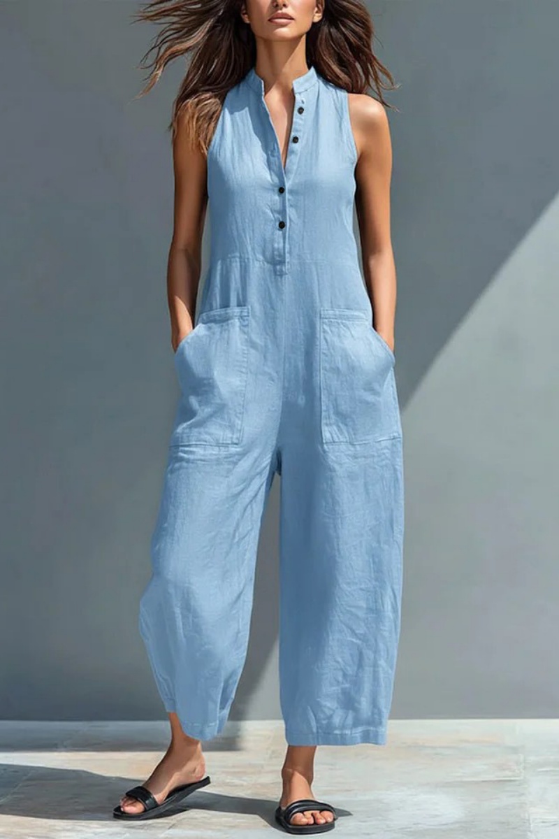 🔥Hot Selling Now！Women's  Minimalist Faux Linen Button-down Collar Sleeveless Loose-fitting Jumpsuit